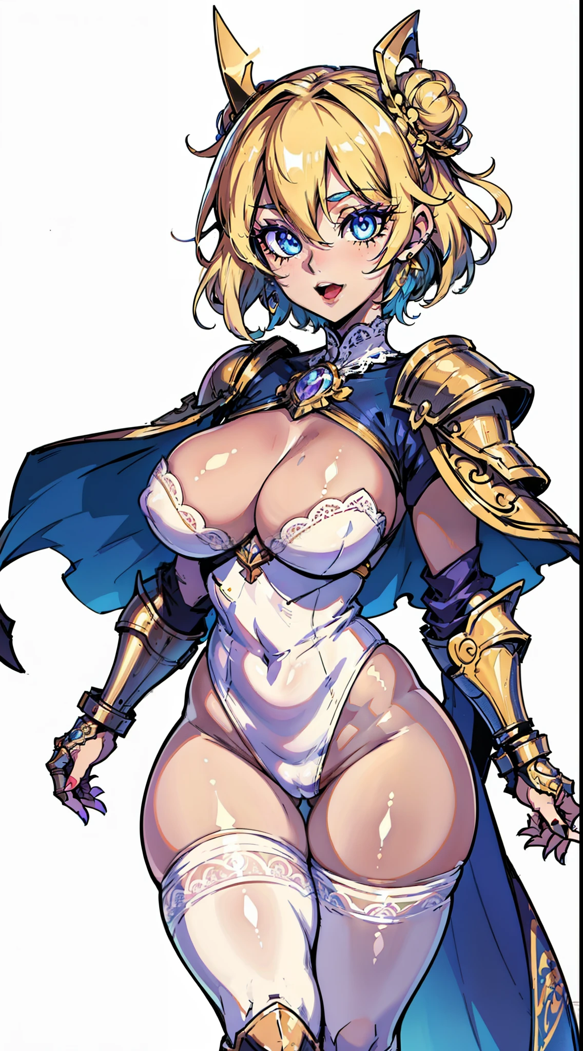 "(masterpiece), best quality, 
1girl, (80s anime style:1.3), (eyelashes:1.5),
(intricate high detailed body:1.2), 
blonde hair, 
(hair between eyes:1.1), (short hair, twin bun:1.1), 
blue eyes, (detailed pupils:1.1), 
(curvy body:1.2), (:1.1), 
light smile, open mouth, 
(lace body suit:1.2), (pantyhose:1.3), 
(knight armor, armored boots, capelet:1.2), 
(earrings:1.1), crown, 
standing, 
(full body:1.1), 
(simple white background:1.2)"