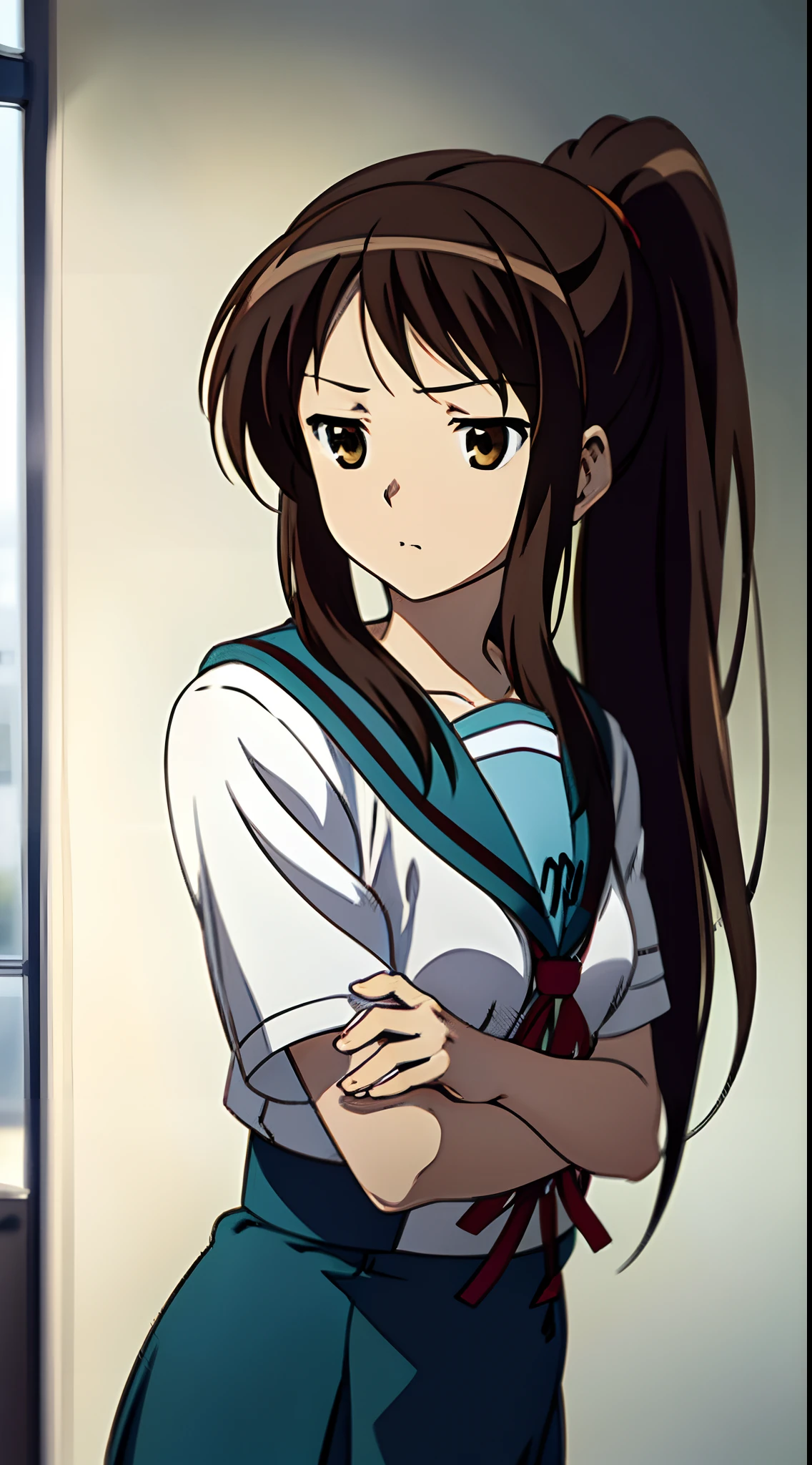 kyoani style, anime style, best quality, 4k, masterpiece, standing girl, 1 girl, solo, 1 schoolgirl, upper body, (front angle), looking at camera, brown hair, ponytail hairstyle, brown eyes, [empty eyes], [short girl], (flat breast:1.25), [suzumiya haruhi], sailor uniform, [[sleepy eyes]], daydreaming, expressionless