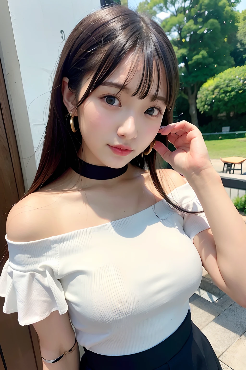 top-quality、超A high resolution、(Photorealsitic:1.4)、女の子1人、Off-shoulder white shirt、Black tight skirt、Black choker、(faded ash gray hair:1)、(huge-breasted:1.2)、looking at viewert、a closeup、Gold kick