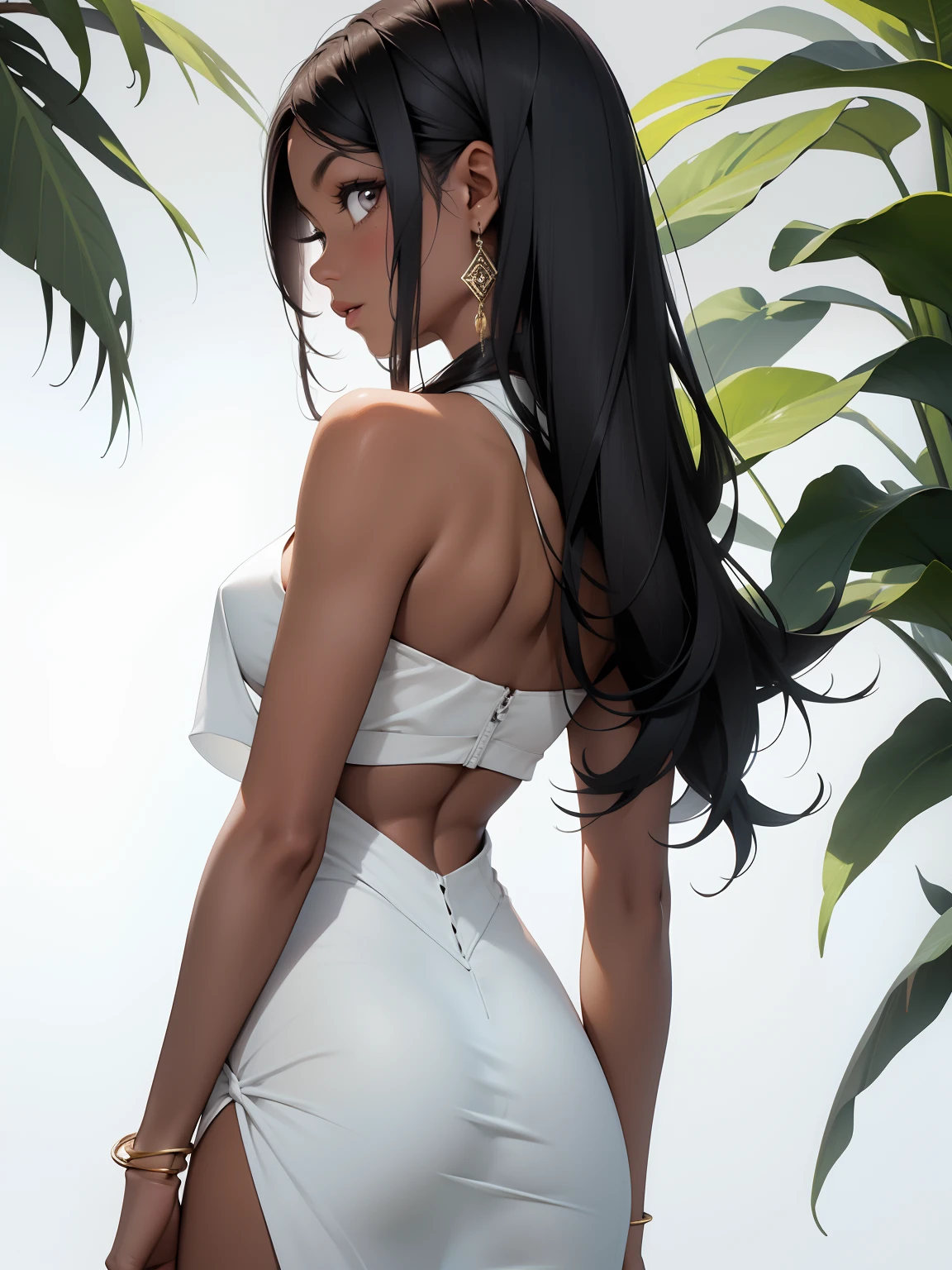 maquiagem, mascara,(( dark skin)), facing away from the viewer, back view, cute ass, fundo preto simples, minimalismo, monotone, paletas de cores simples, limpo, Projetos afiados, bikini,silhuetas fluidas , vestidos simples, camisas e blusas, assymetrical, geometric, Materiais e designs elegantes e luxuosos, simples, Minimal accessories, Pulseiras simples, Designs diferenciados, silhuetas simples, estilo simples e sofisticado, elegence, minimalismo, materiais de alta qualidade, Fresh printing , alta moda, Simplicity and sophistication, sentado