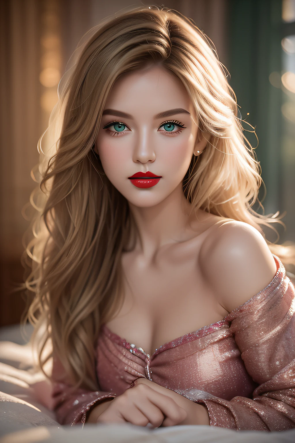 A young and beautiful woman, coiffed blonde hair,Gently falls to the shoulder in the form of a wave, Medium Tall, Big green eyes, with fair skin, She was in her pajamas, She lay on the bed, Do hair care before bedtime, The environment is illuminated by warm and pleasant lights,Make your hair sparkle, His face was naturally calm, Lips with red lipstick, 8K texture, highly detailed, realisticlying, Soft cinematic light, hdr, sharp fokus, tmasterpiece, Fotor is realistic, Award-winning photography, a Canon EOS R5, 35 mm
