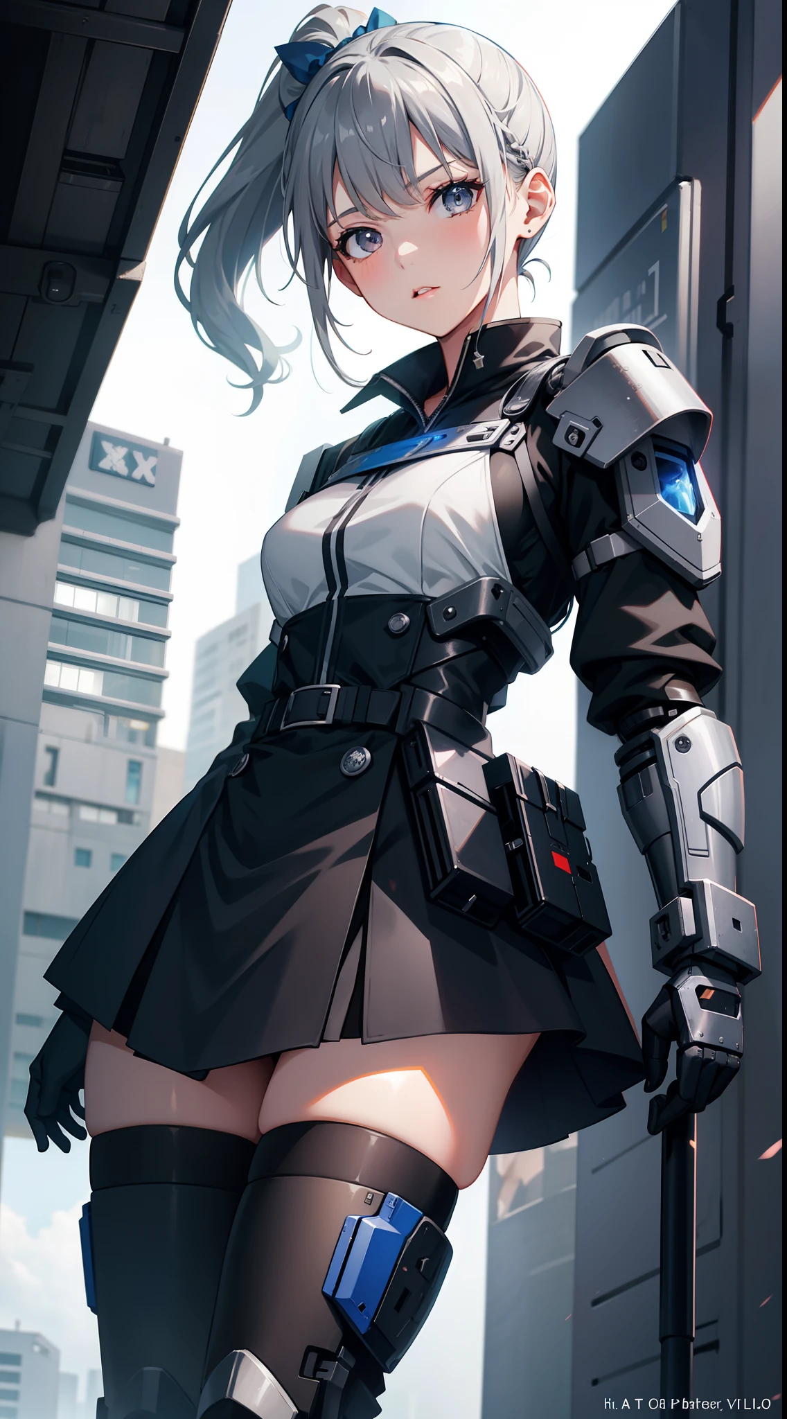 young girl, short gray hair, high ponytail, gray eyes, Blue Battle Shirt, Upskirt, robot behind, arma, Masterpiece, hiquality, 4k, HD, Good detail