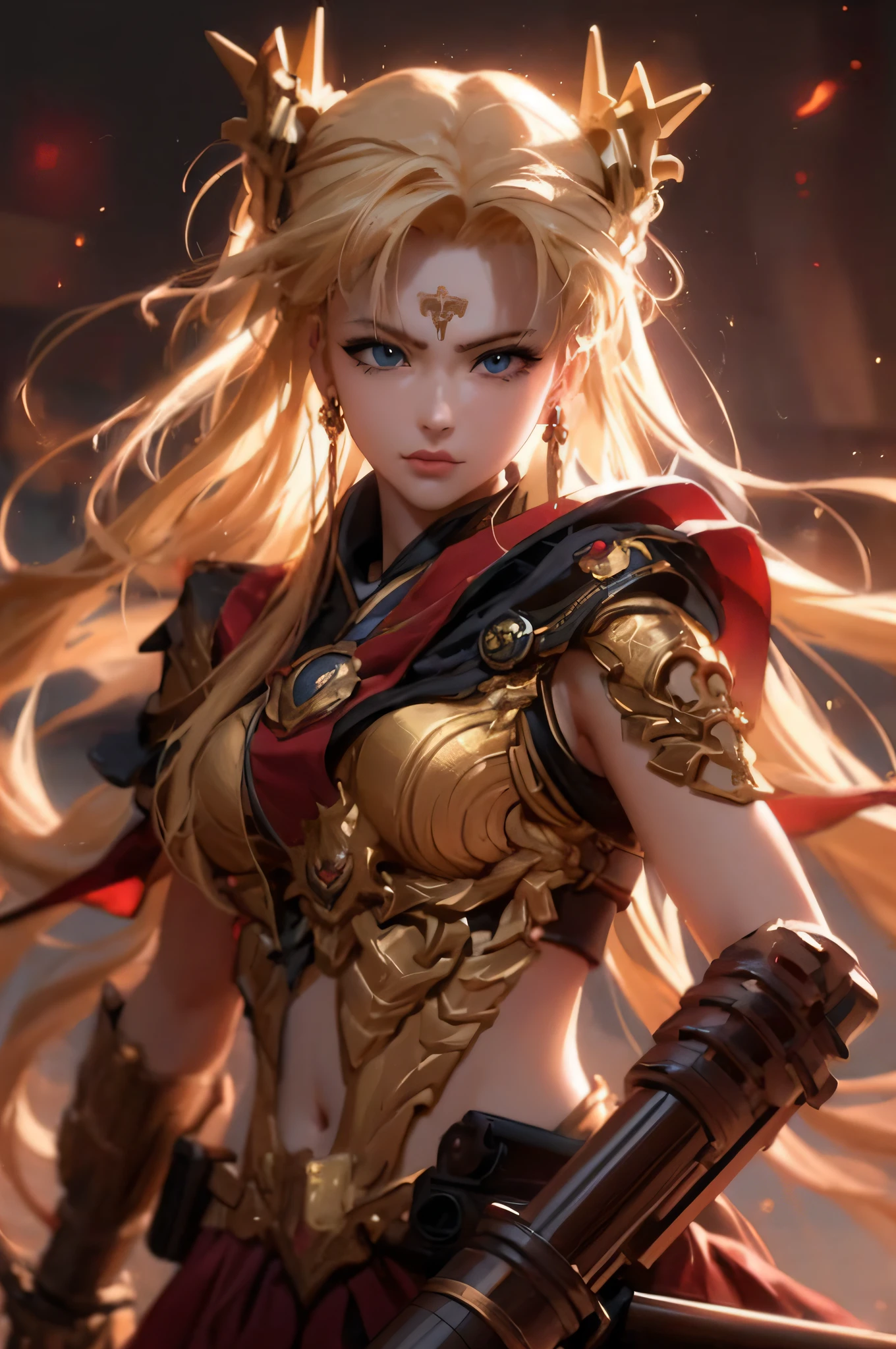 A woman with blonde hair and armor holding a Gatling gun, Yang J, portrait knight of the zodiac girl, IG model| ArtGerm, very detailed ArtGerm, Trends in CGsociety, Trends CGsociety, [Trends in CGsociety]!!, stunning CGsociety, CGsociety and weathering clocks, ArtGerm and WLOP