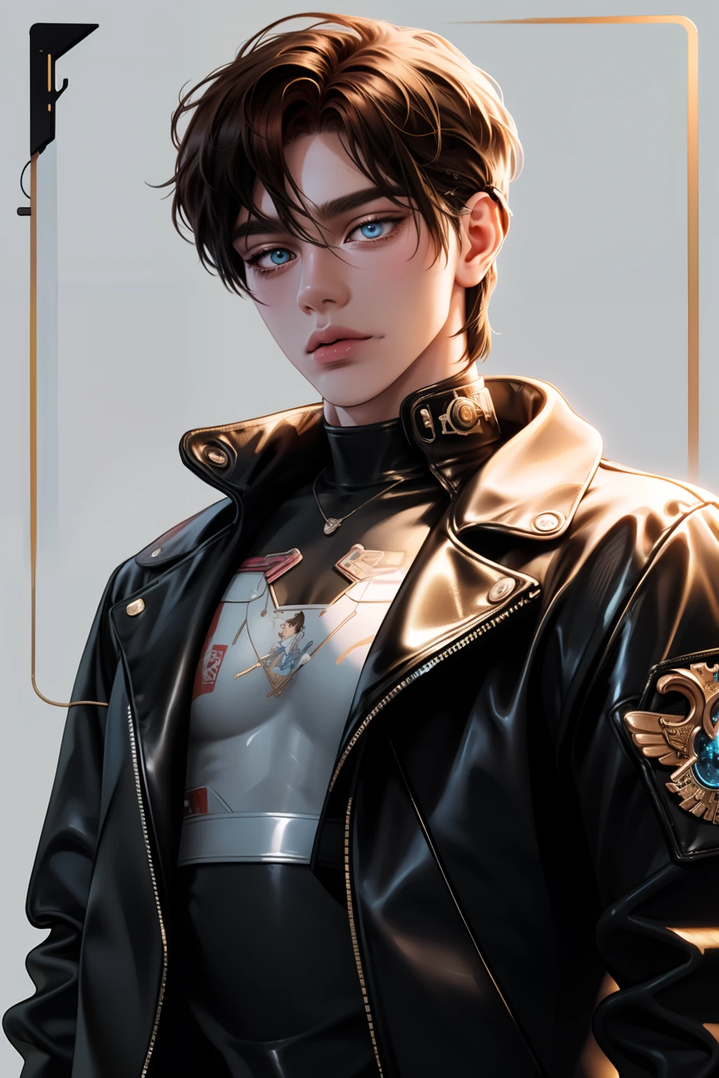 male idol ((gamer)), Medium length brown hair, Wear a tattered cropped jacket in cyberpunk-style, Leather holographic pants, Blue eyes, 1boys, game controller, Digital illustration, nearing perfection, Dynamic, highly detailled texture, 8K resolution, Watercolor painting, art  stations, concept-art, smooth, Sharp focus, The Art of Wlop and Ross Tran, Neon sign background, white and gold tetradic colors