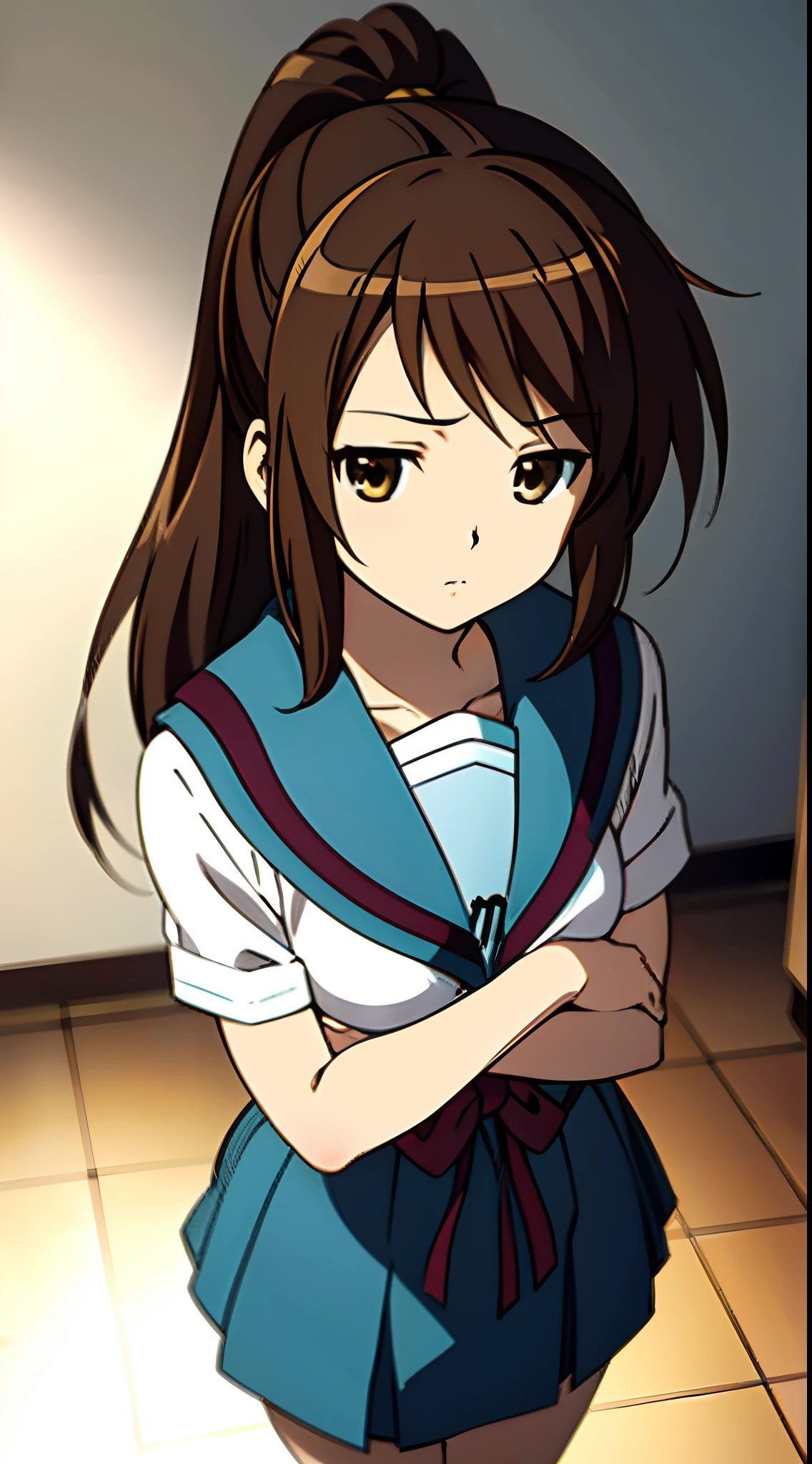 kyoani style, anime style, best quality, 4k, masterpiece, standing girl, 1 girl, solo, 1 girl, upper body, (front angle), looking at camera, brown hair, ponytail hairstyle, brown eyes, [empty eyes], [short girl], (flat breast:1.25), [suzumiya haruhi], sailor uniform, [[sleepy eyes]], daydreaming, expressionless