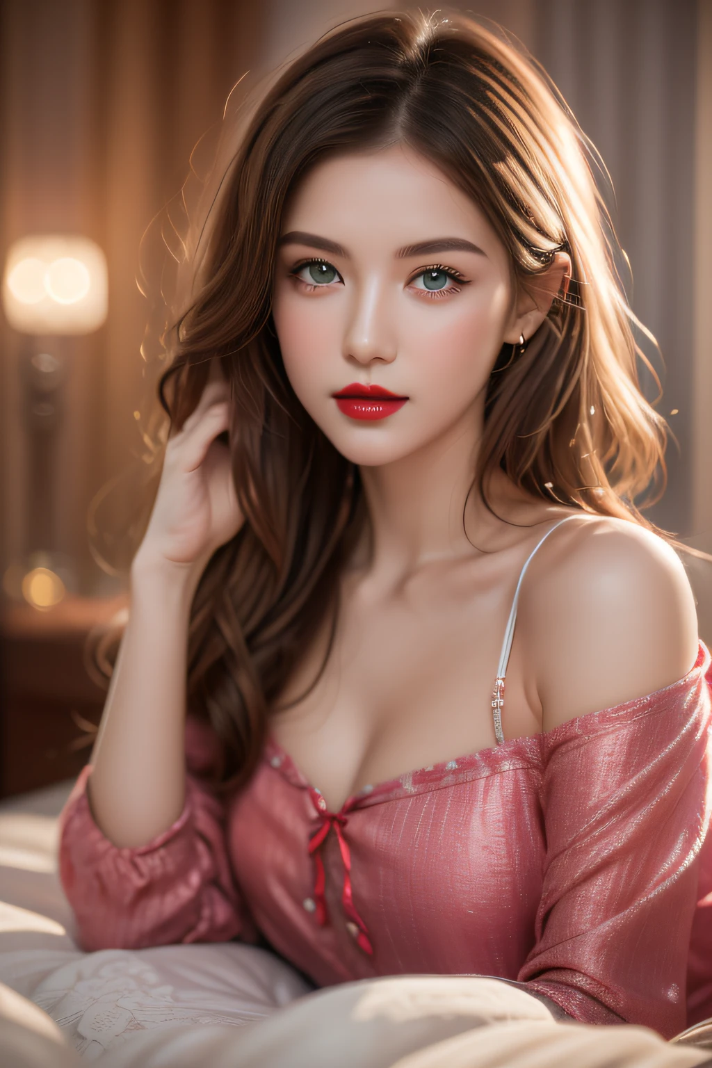 Beautiful redhead latina type girl with green eyes and long hair, big breasts with red dress, professional makeup close-up of the face daring night photo shoot