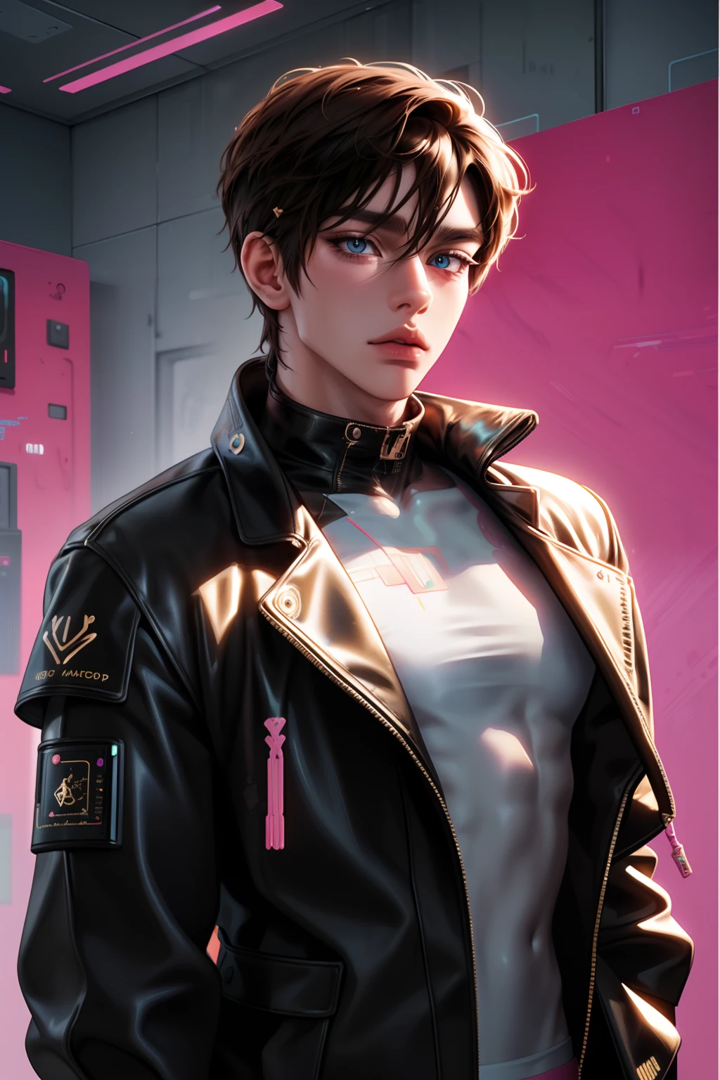 male idol ((gamer)), Medium length brown hair, Wear a tattered cropped jacket in cyberpunk-style, Leather holographic pants, Blue eyes, 1boys, game controller, Digital illustration, nearing perfection, Dynamic, highly detailled texture, 8K resolution, Watercolor painting, art  stations, concept-art, smooth, Sharp focus, The Art of Wlop and Ross Tran, Neon sign background, white and gold tetradic colors