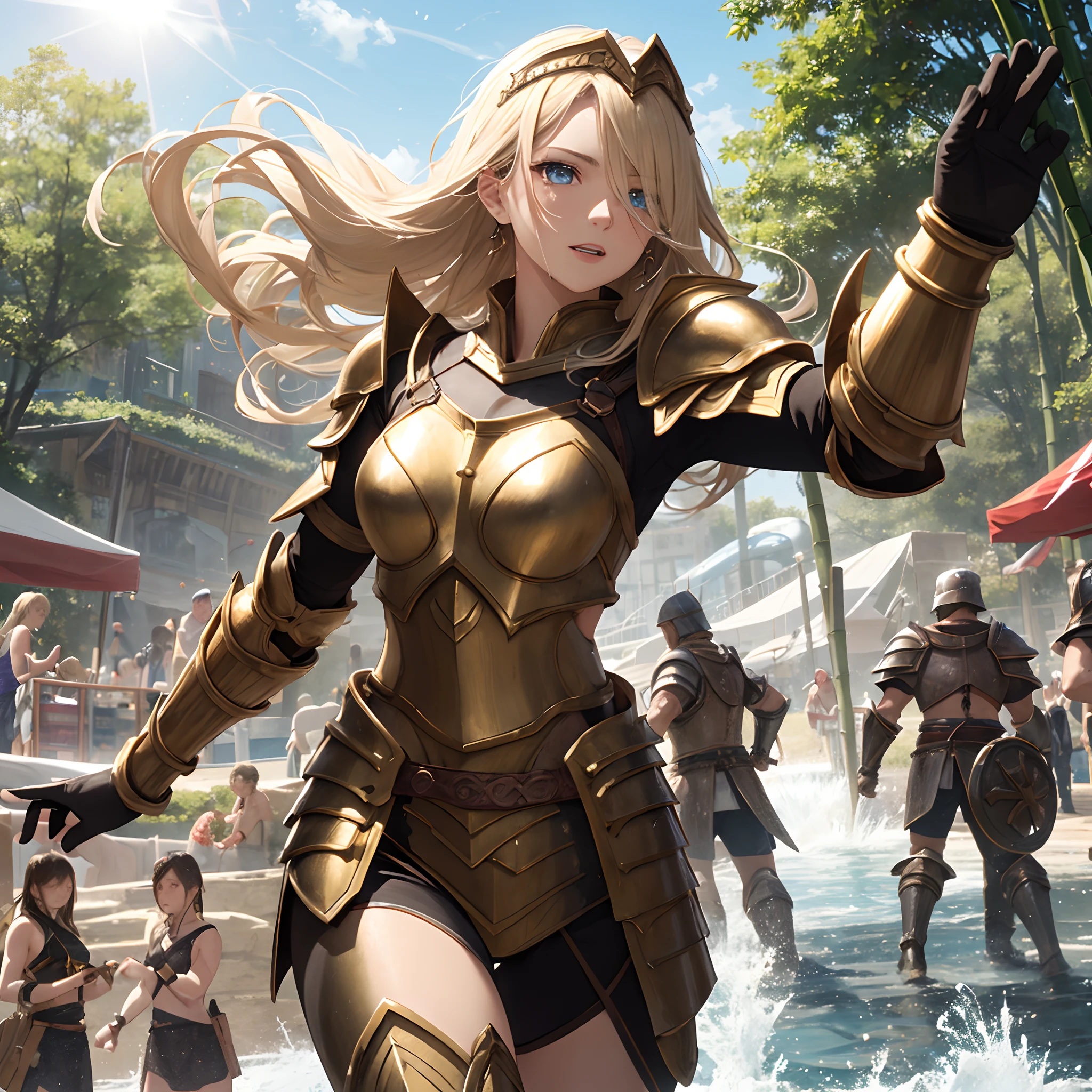 hair_over_one_eye, blonde_hair, blue_eyes, portrait, solo, (full body:0.6), looking up, detailed background, detailed face, (bronzepunkai, bronze theme:1.1), gladiator, triumphant, taunting expression, yellow gladiator armor, greaves, arena in background, blood, sunshine, legendary gladiatorial atmosphere,, waterpark, market stall, building, fitting room, natural, hail, earth, bamboo forest