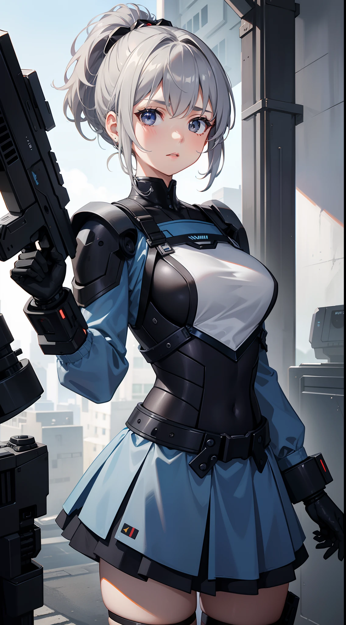 young girl, short gray hair, high ponytail, gray eyes, Blue Battle Shirt, Upskirt, robot behind, arma, Masterpiece, hiquality, 4k, HD, Good detail