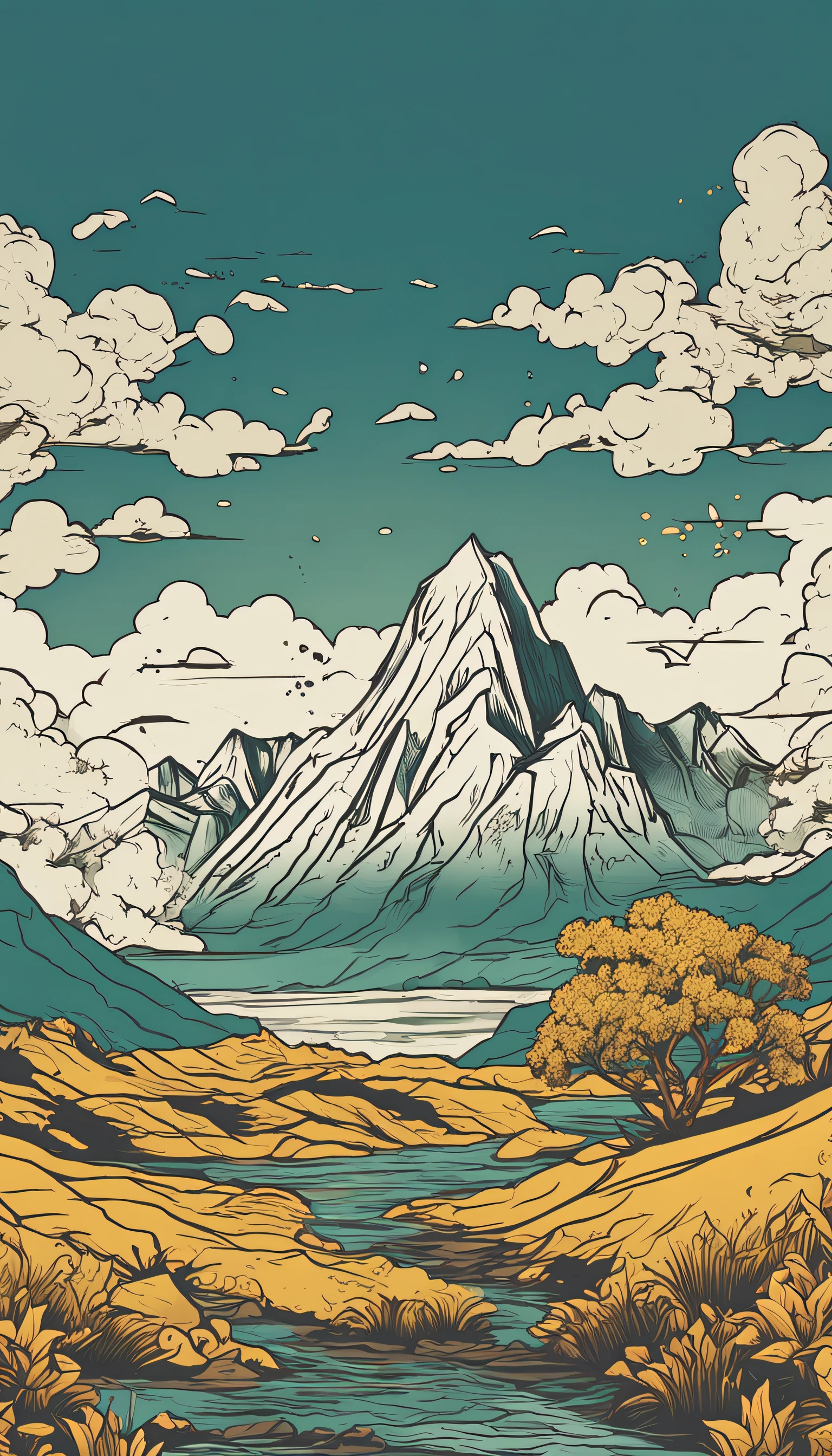 Mountain and Sea Skylark Scroll，There are mountains and waters in the picture，rios、grassy fields、Sun，Shirasawa、Many ancient mythical beasts such as the zodiac are haunted，Epic composition，shadowing，National style，Light yellow tone，Gold elements