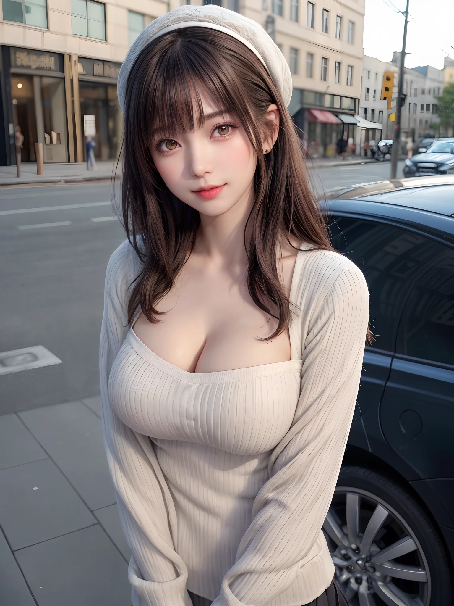 (masutepiece:1.4, top-quality:1.4、Add intense highlights to the eyes:1.4、Lustrous hair:1.4 ),1girl in, 独奏, A dark-haired, scarf, Hats,, realisitic, looking at the viewers, black eyes of light color, shorth hair, coat, Winter clothes, White headscarf, s lips, lipgloss:1.4，bangss,,a closed mouth, The upper part of the body、big eye、Lashes、((Street))、((Shorthair with bangs、big eye、Put very strong highlights in your students、{Gigantic|Big|Huge|Mega} breasts, cleavage、very Bigger breasts、gazing at viewer、Very beautiful beauty、Put your ears out、long neck、little smiling、Close your mouth and smile)))、Beautiful adult woman full of charm:1.4、(Autumn leaves are blue without people or cars々tree-lined street)