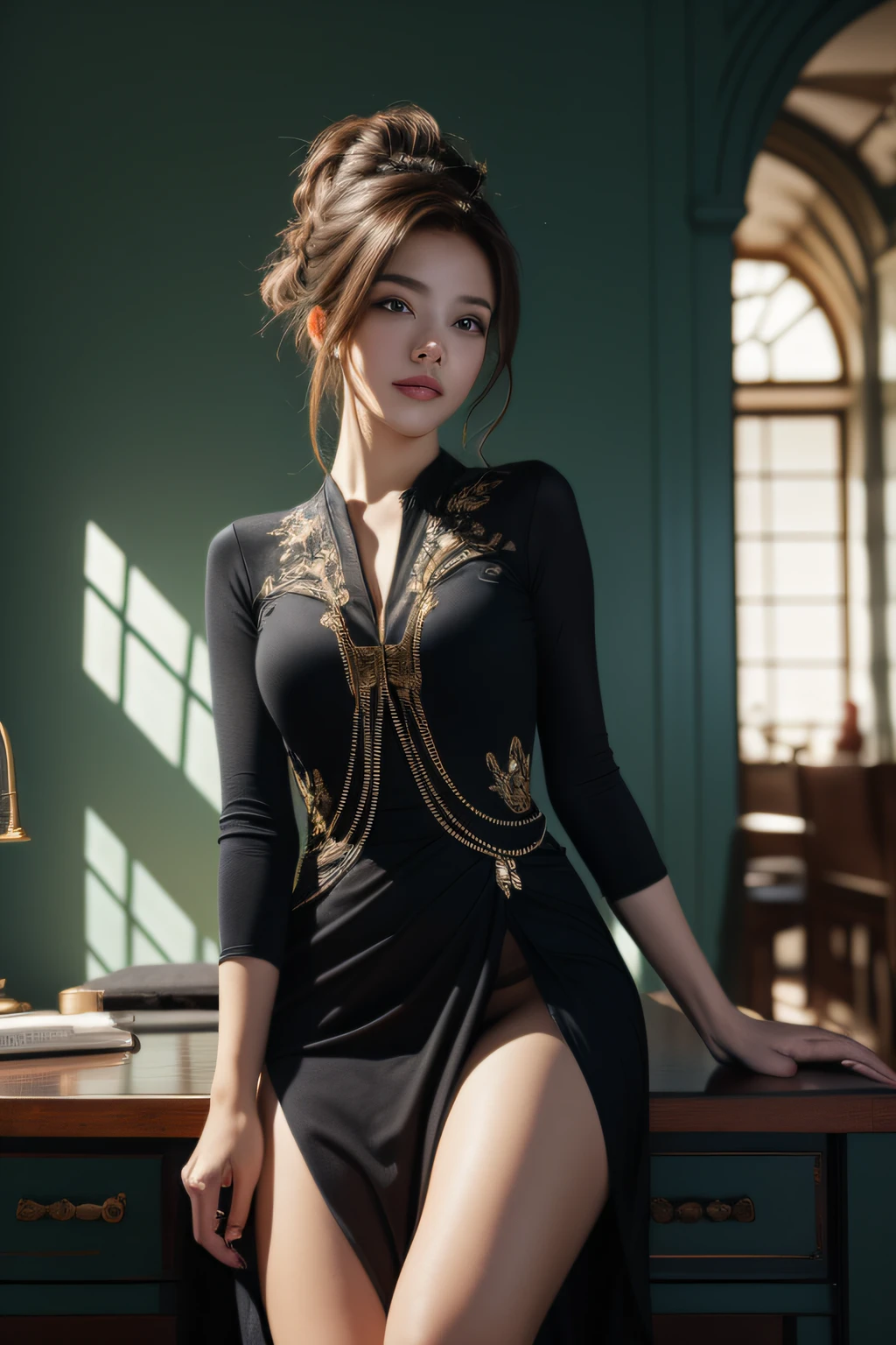 Highly detailed, 8K, masutepiece, 1girl in, Blue Frill_hair_tubing, Dress, bend_Over , Smirk, (Perfect_Face), Sitting, desk work, ornate, Convoluted, Dramatic Lighting, 4K, Detailed_Background, Caustics, full_Body, (hyper realisitic:1.3), bloom,(Beautiful lighting:1.3), Caustics, Dynamic lighting, Beautiful lighting,