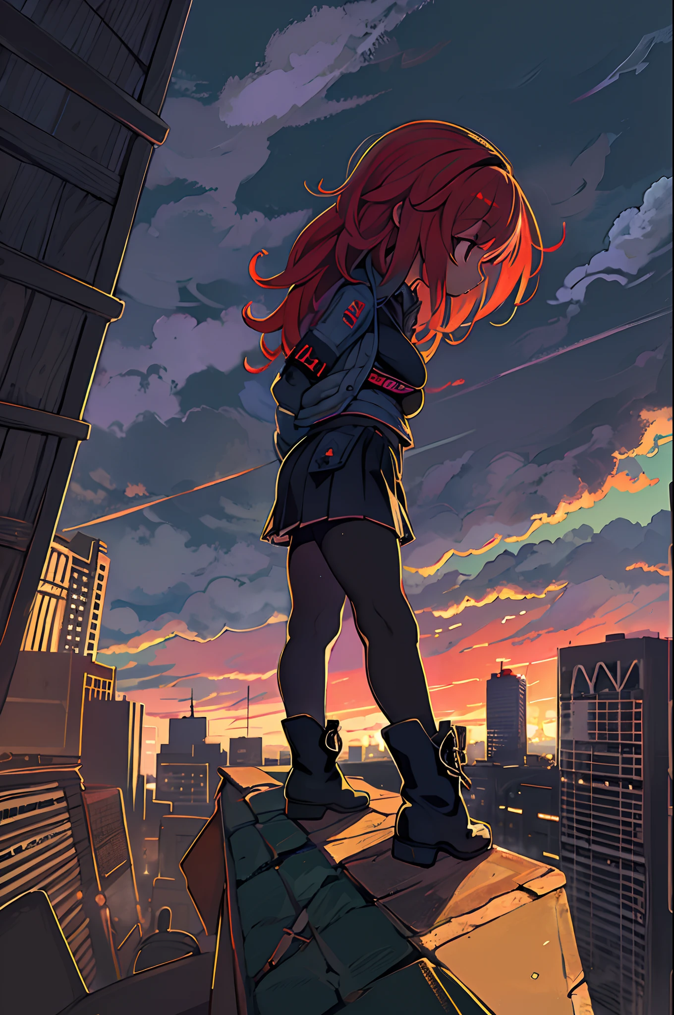 ((Best Illustration)) Brazilian girls, Red hair, Teenage body, Black top, Black tight skirt, black boots, Urban landscape, building, sky line, Sunset, Silhouette against the background of clouds, Contemplative.