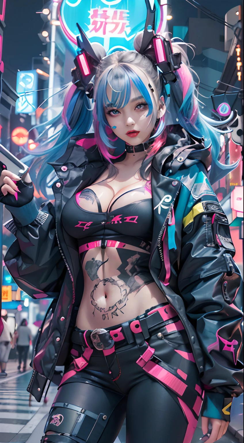 Masterpiece, Best quality, 1 Cyberpunk Girl, Full body shot, Stand in front of the motorcycle, view the viewer, Confident cyberpunk girl with funky expression, Popular costumes in Harajuku style, Bold colors and patterns, Eye-catching accessories, Trendy and innovative hairstyle, Vibrant makeup, Cyberpunk's dazzling cityscape, skyscrapper, Neon signs, LED lights, Bright and vivid color scheme, anime big breast, illustration, Detailed skin texture, Detailed cloth texture, Beautiful detailed face, Intricate details, Ultra detailed.