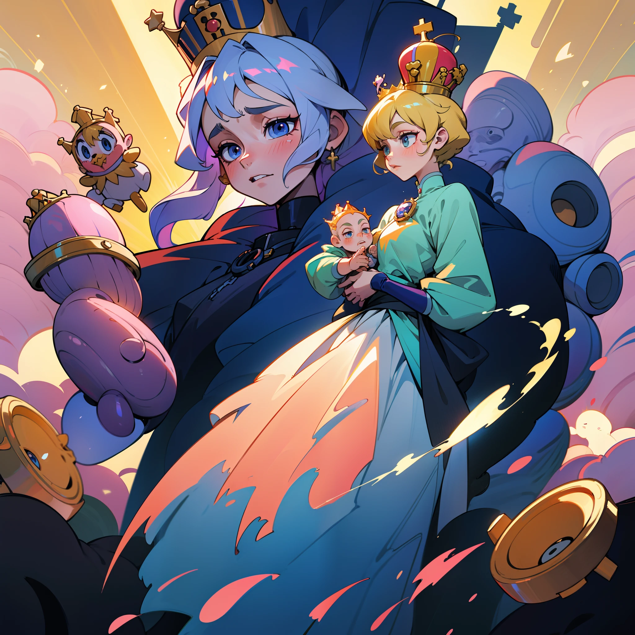 The beautiful 16-year-old queen holds a (baby prince:1.5) wearing shavings in her arms, Walking, Straight eyes, radiating a brilliant aura, Rosary handle, Crown Team, (Systemic: 2.0), Stand in the cloud, our lady, (full body: 2.0) anime, orgrange, with black parts. cinematic lighting, Futurism, Surrealism, anatomically correct, 4K, 8k, super detail,