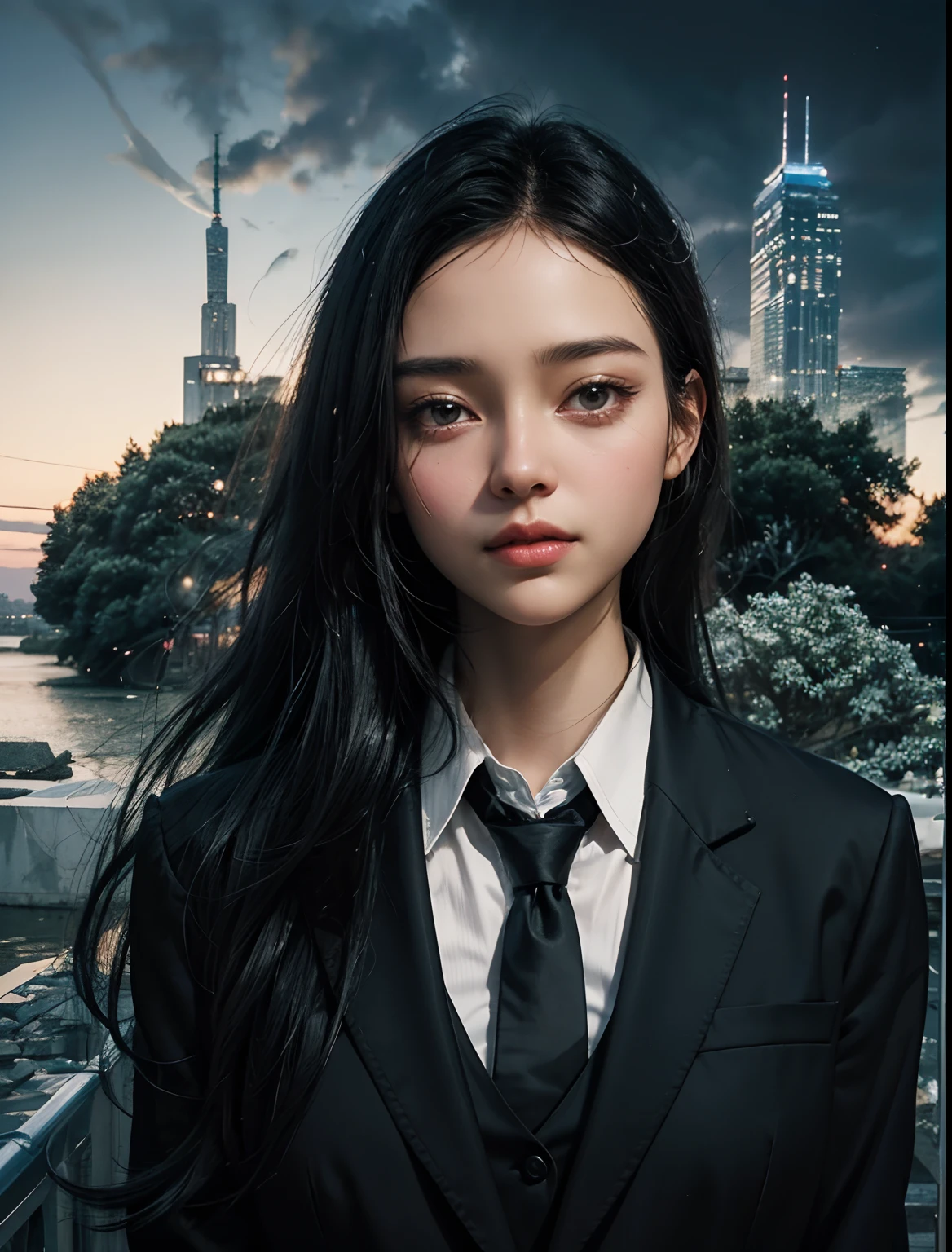 AAn image where multiple worlds blend together in the background of a woman. beautiful woman in his late teens.She is wearing a black business suit.she has black hair.((An image of a parallel universe in his background.)) 8K image quality.