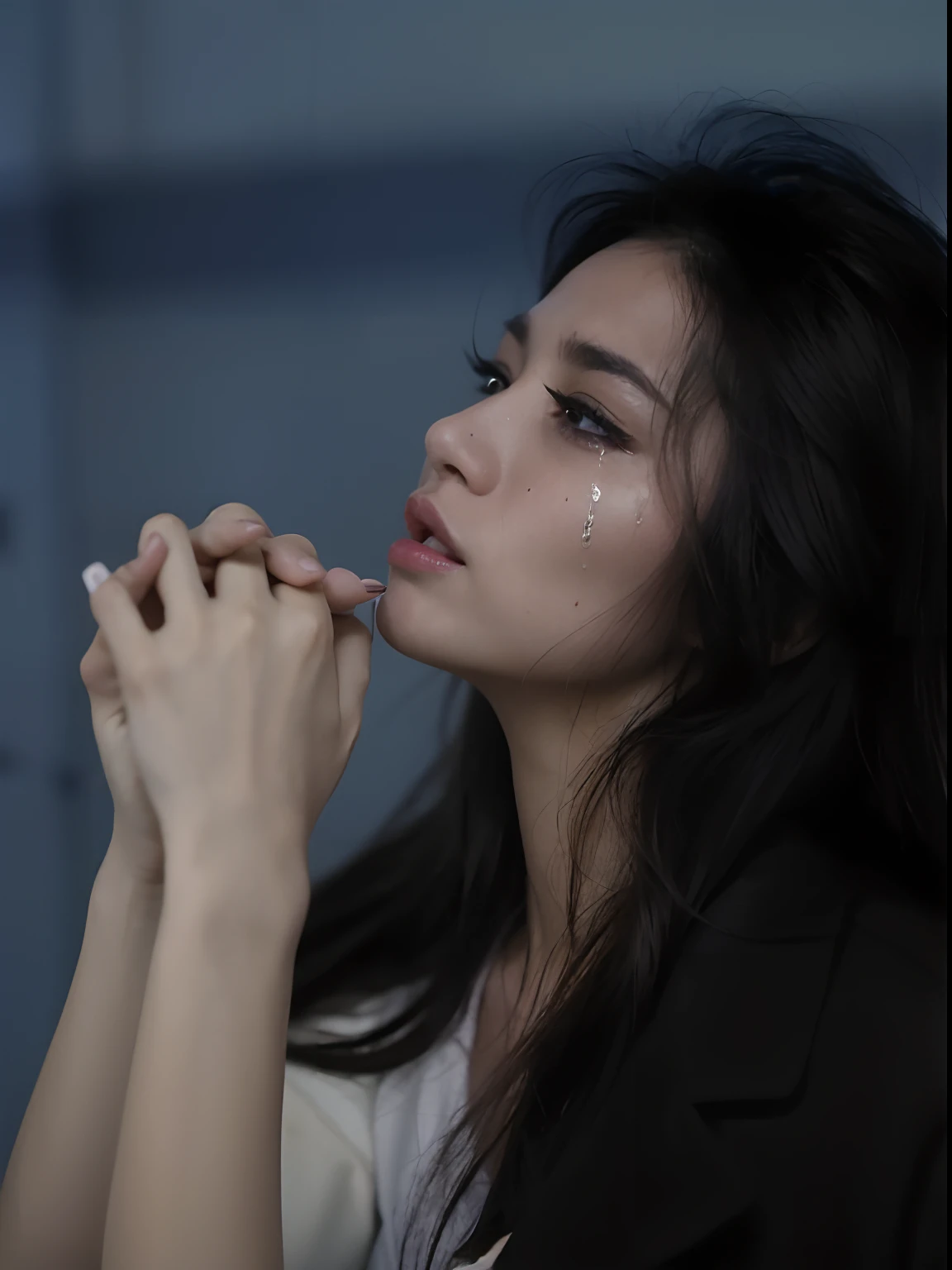 Close-up of a woman with a cigarette in her mouth, crying and reaching with her arm, Crying fashion model, crying one single tear, tears running down face, giga chad crying, The woman cried, People are crying, with a sad expression, YouTube video screenshots, Crying makeup, Crying, Like tears in the rain of dead time, With tears, Heartbroken