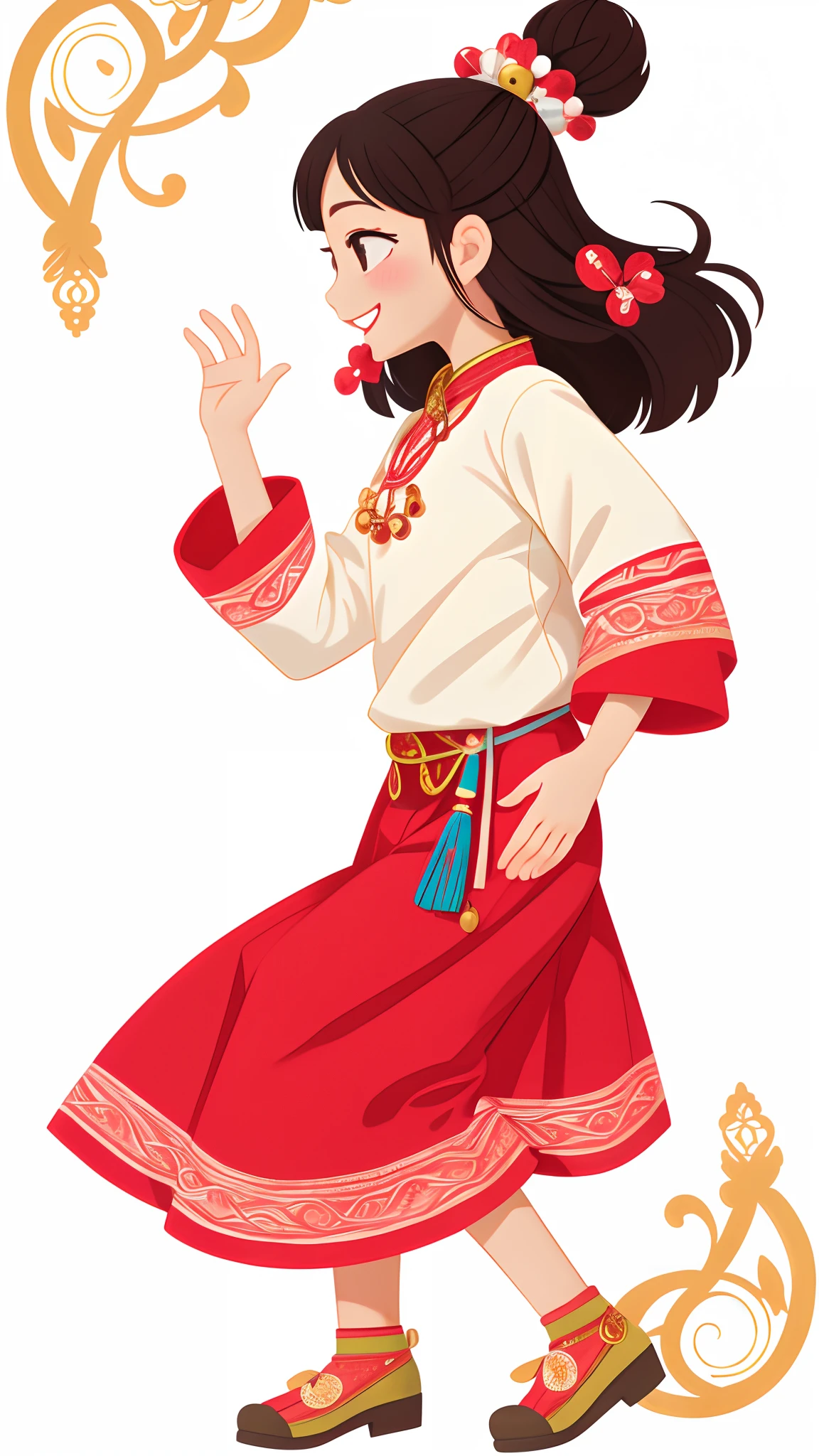 girl with、Put your hand to your mouth and smile、full body Esbian、Distinctive ethnic hair ornaments、Characteristic ethnic shoes、Taken from the side