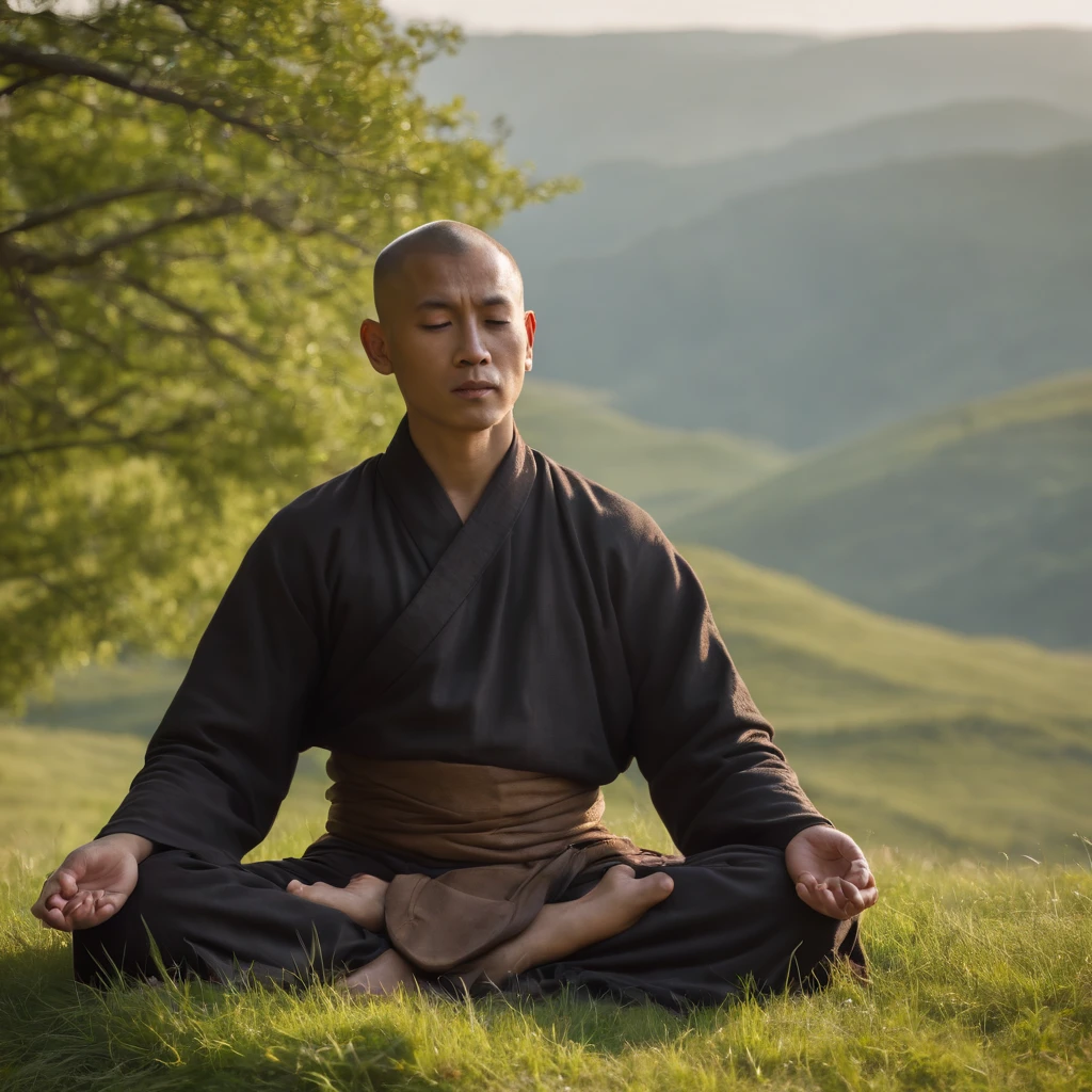 Close-up photo of monk meditating on grassy hill, under tree, Rune tattoos on his body, Wind blowing, serene ambiance