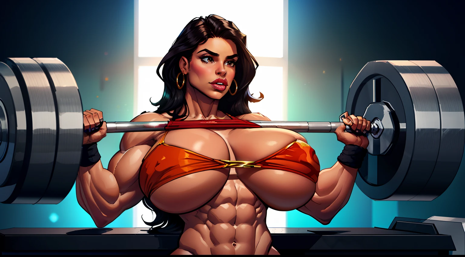 absolutely gorgeous woman, Latina, perfect body, amazon, flawless, bodybuilder, ripped, very defined, goddess, very muscular, gigantic, oversized breasts, gigantic breasts larger than her head, wide, large, hulking, beefy, big fat thick lips, sexy, incredible, amazing, massive boobs, hairless arms, lifting weights in the gym