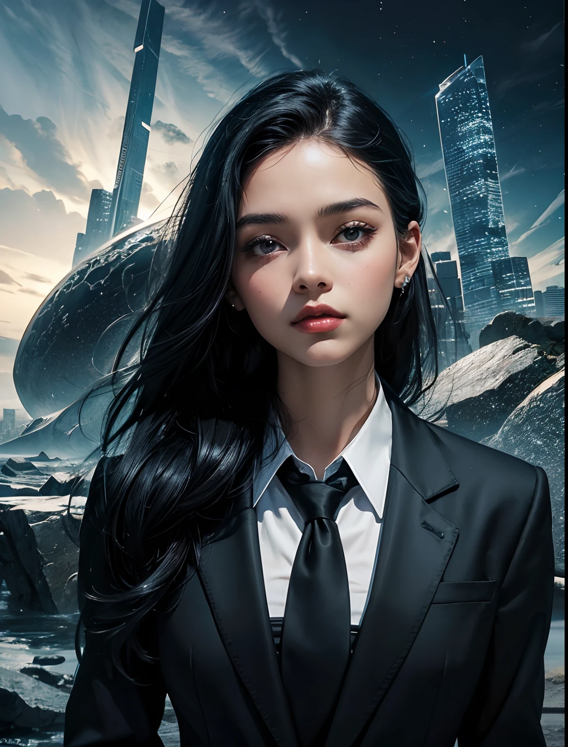 AAn image where multiple worlds blend together in the background of a woman. beautiful woman in his late s.She is wearing a black business suit.she has black hair.((An image of a parallel universe in his background.)) 8K image quality.