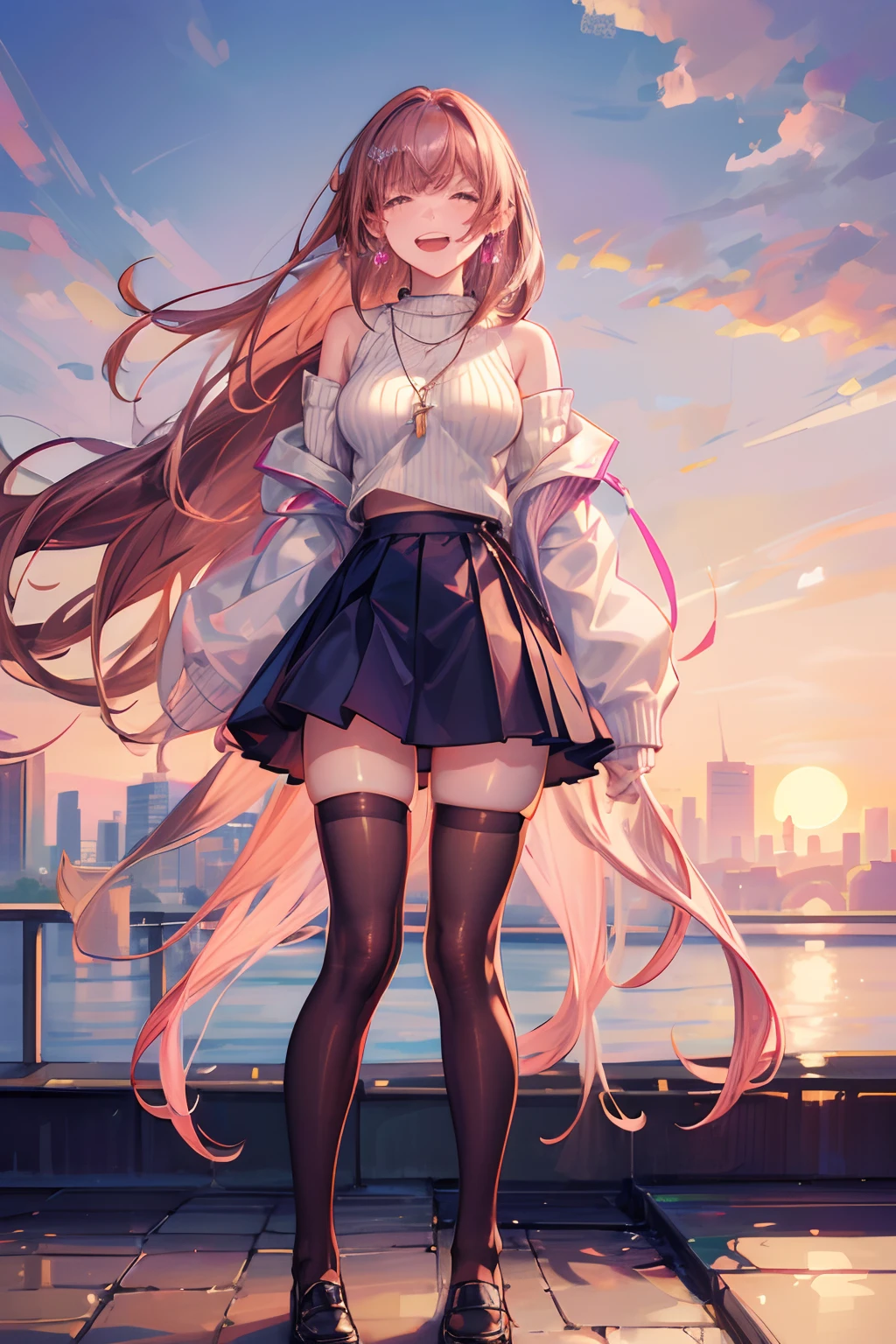 Masterpiece, Best quality, Dusk, Sunset, Cityscape, Real, Realistic, Huge_filesize, the wallpaper, Everyone, 2girls, Long hair, Medium hair, Laughing, Brown hair, Small breasts, seifuku, Pink hair, ribbed sweater, Off_Shoulder, white thighhighs, Earrings, necklace, Arm at side , Crossed_Legs,