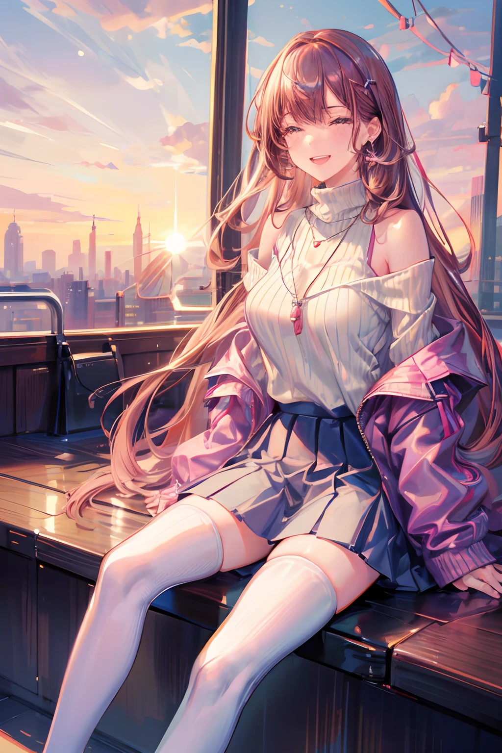 Masterpiece, Best quality, Dusk, Sunset, Cityscape, Real, Realistic, Huge_filesize, the wallpaper, Everyone, 2girls, Long hair, Medium hair, Laughing, Brown hair, Small breasts, seifuku, Pink hair, ribbed sweater, Off_Shoulder, white thighhighs, Earrings, necklace, Arm at side , Crossed_Legs,