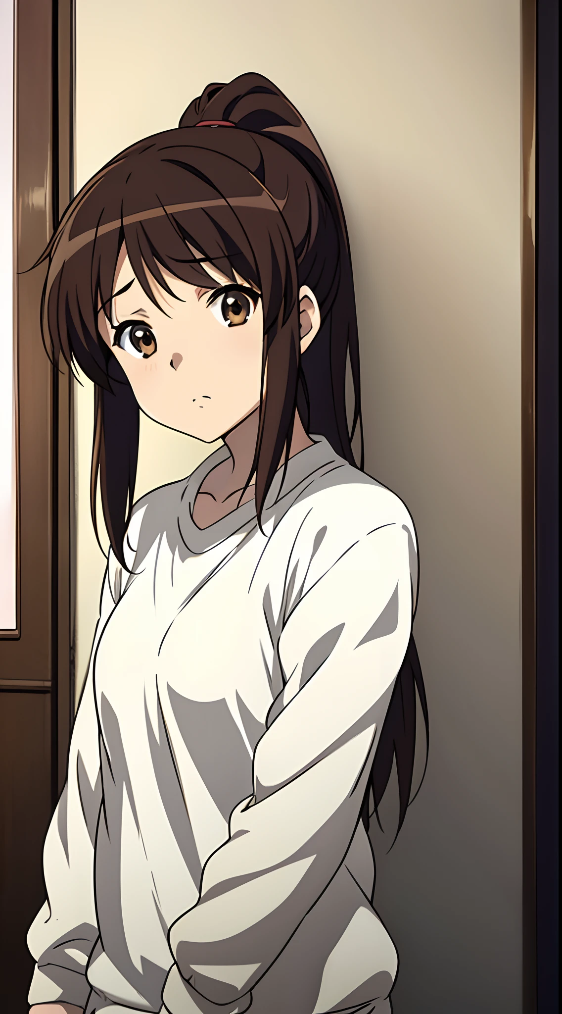 kyoani style, anime style, standing girl, 1 girl, solo, brown hair, ponytail hairstyle, scornful eyes, brown eyes, wears dark brown cardigan on uniform