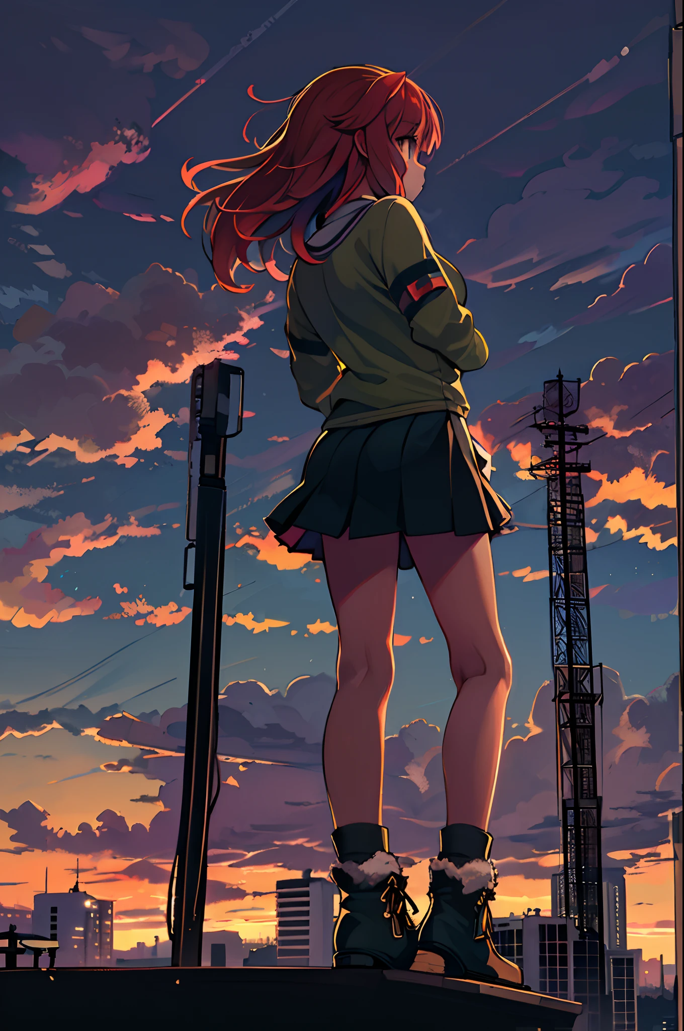 ((Best Illustration)) Brazilian girls, Red hair, age body, Black top, Black tight skirt, black boots, Urban landscape, building, sky line, Sunset, Silhouette against the background of clouds, Contemplative. Lori、Young children