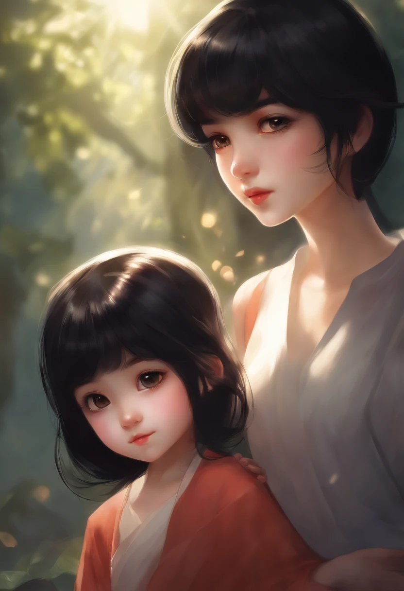 A painting of two young girls standing next to each other - SeaArt AI