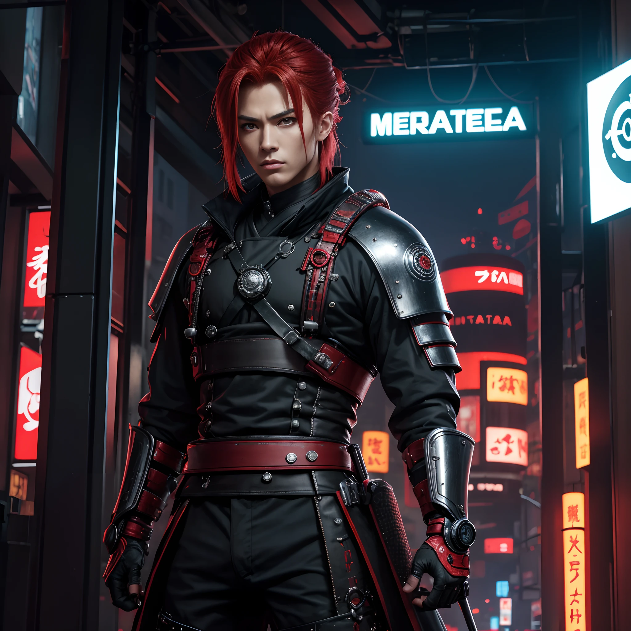 best quality,ultra-detalhado,Realistic,arte do personagem,Samurai,red hair,Cabelos longos brancos,Olhos detalhados,Detailed lips,Cyberpunk,Futuristic,Techwear,garments,Avatar,Samurai adolescente, homem, estilo fantasia,Japanese inspiration,action pose,city backdrop,Espadas de dupla empunhadura,neon lights,paleta de cores vermelhas