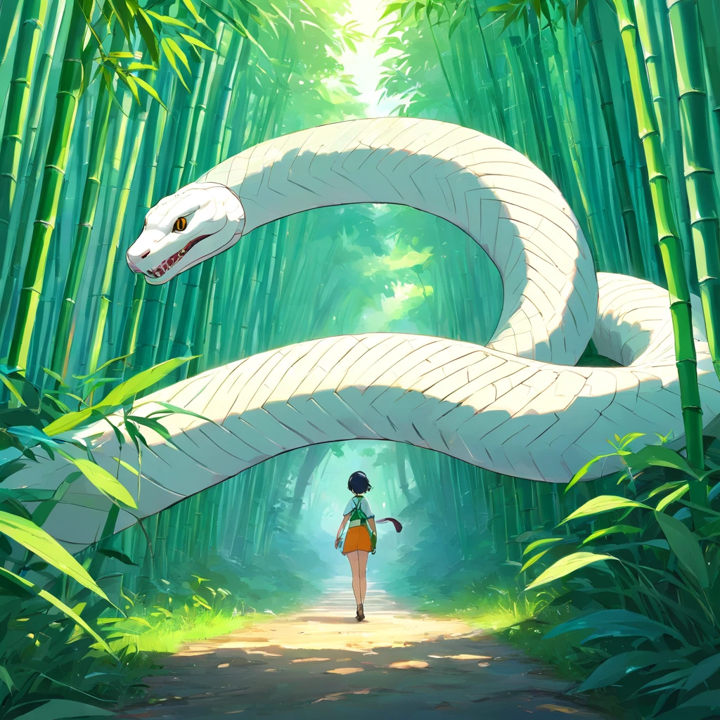 entangled in a giant white snake,in bamboo forest,Folk suspense comic style,Cinematic sensation,Photorealsitic,。.。.3D