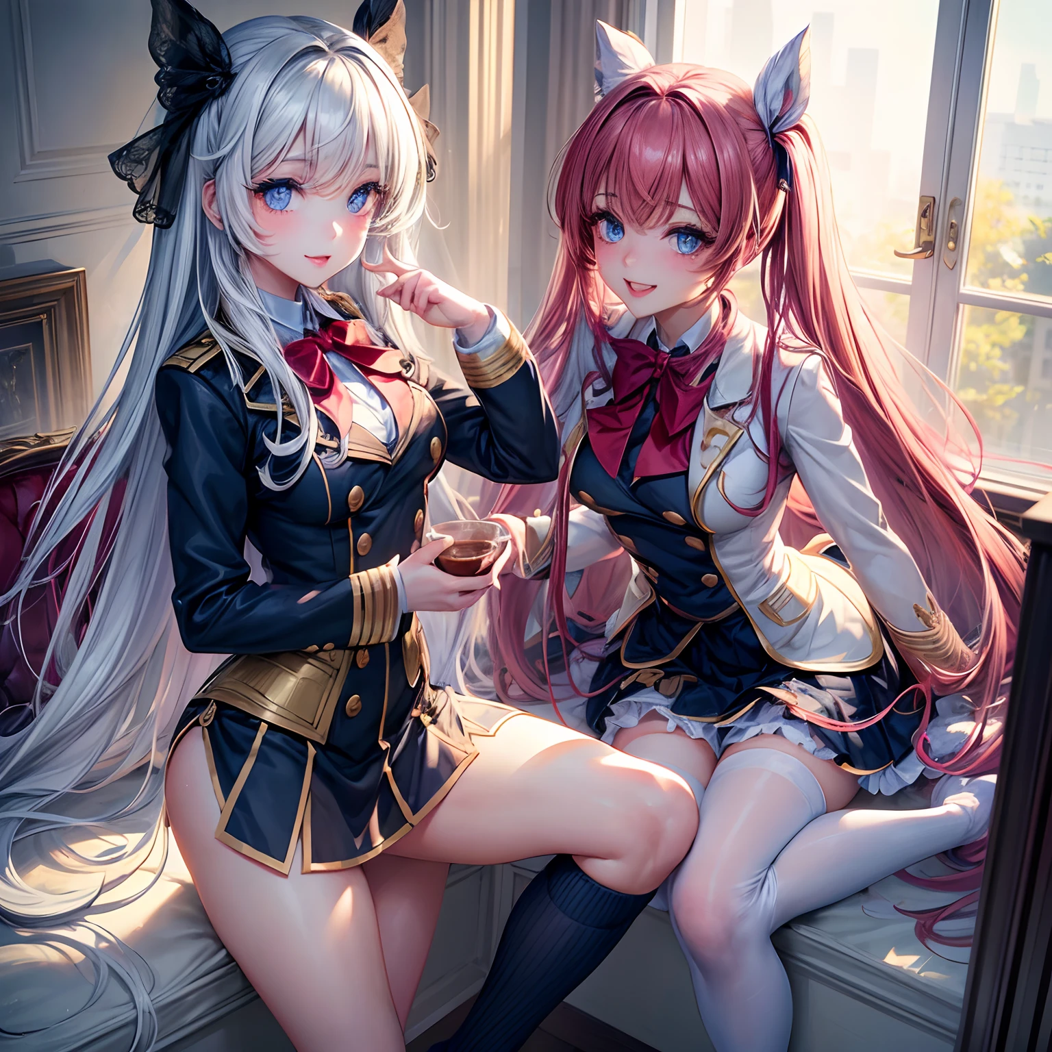 (beautiful detailed eyes,beautiful detailed lips,extremely detailed eyes and face,longeyelashes,cute girl with ribbon uniform,cute uniform,blazer,laughs loudly,attractive girl,best quality,busty,masterpiece:1.2,stunning figure,erotically cute,ultra-high resolution,gorgeous girl,lovely girl,multi-colored hair,relaxed socks,high resolution,gorgeous eyes,perfect beauty)