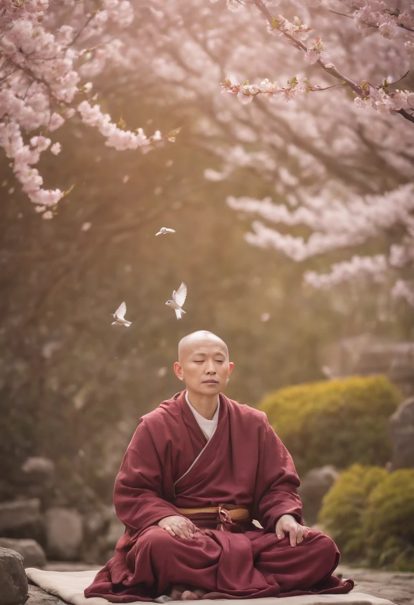 Illustration of a wise monk meditating, Surrounded by a cherry blossom garden, Birds flying in the sky, Tranquility and wisdom abound, - Rainbow style with delicate strokes and soft colors,
