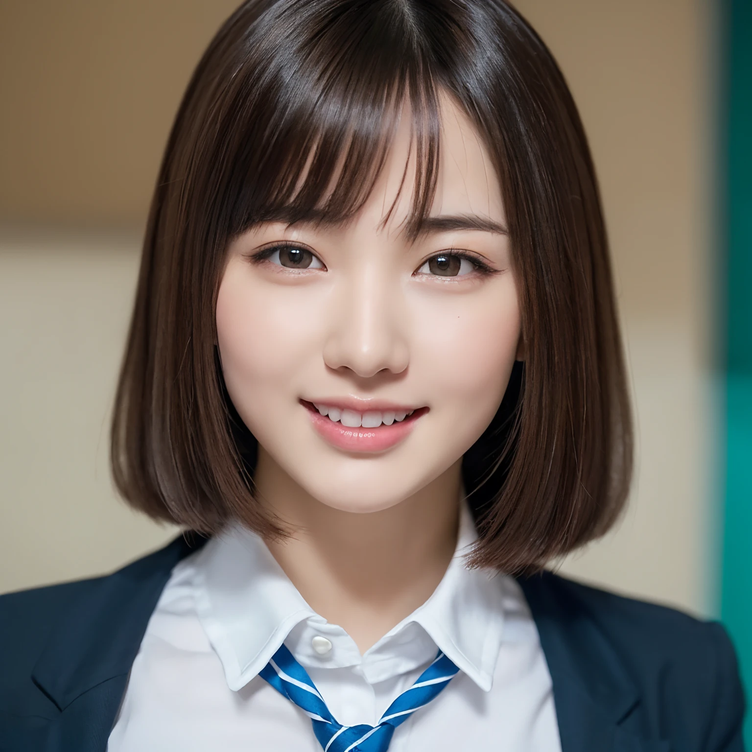 (A hyper-realistic), (illustratio),(((独奏))) (hight resolution), (8K), (ighly detailed), (The best illustrations), (Beautiful detailed eyes),(((1girl in))) (top-quality), (ultra-detailliert), (masterpiece), (wall-paper), (详细的脸), (beautiful smiling face)、(Beautiful shiny straight hair see-through bangs)((Ordinary schoolgirl))(((White short-sleeved shirt)))、((独奏))、((Dark blue pleated skirt))(Dark blue school socks:1.2)、Slender body:1.4、Looking at the camera、((独奏))The background is a school classroom、((Facial expressions that captivate the viewer:1.3)) Neat and elegant ((1girl in))、 ((The girl is alone))、(17 age) Fun school life youthfulness ((独奏))、Colossal tits Beautiful fece (kawaii) Three-dimensional feeling optic ((The girl is alone))