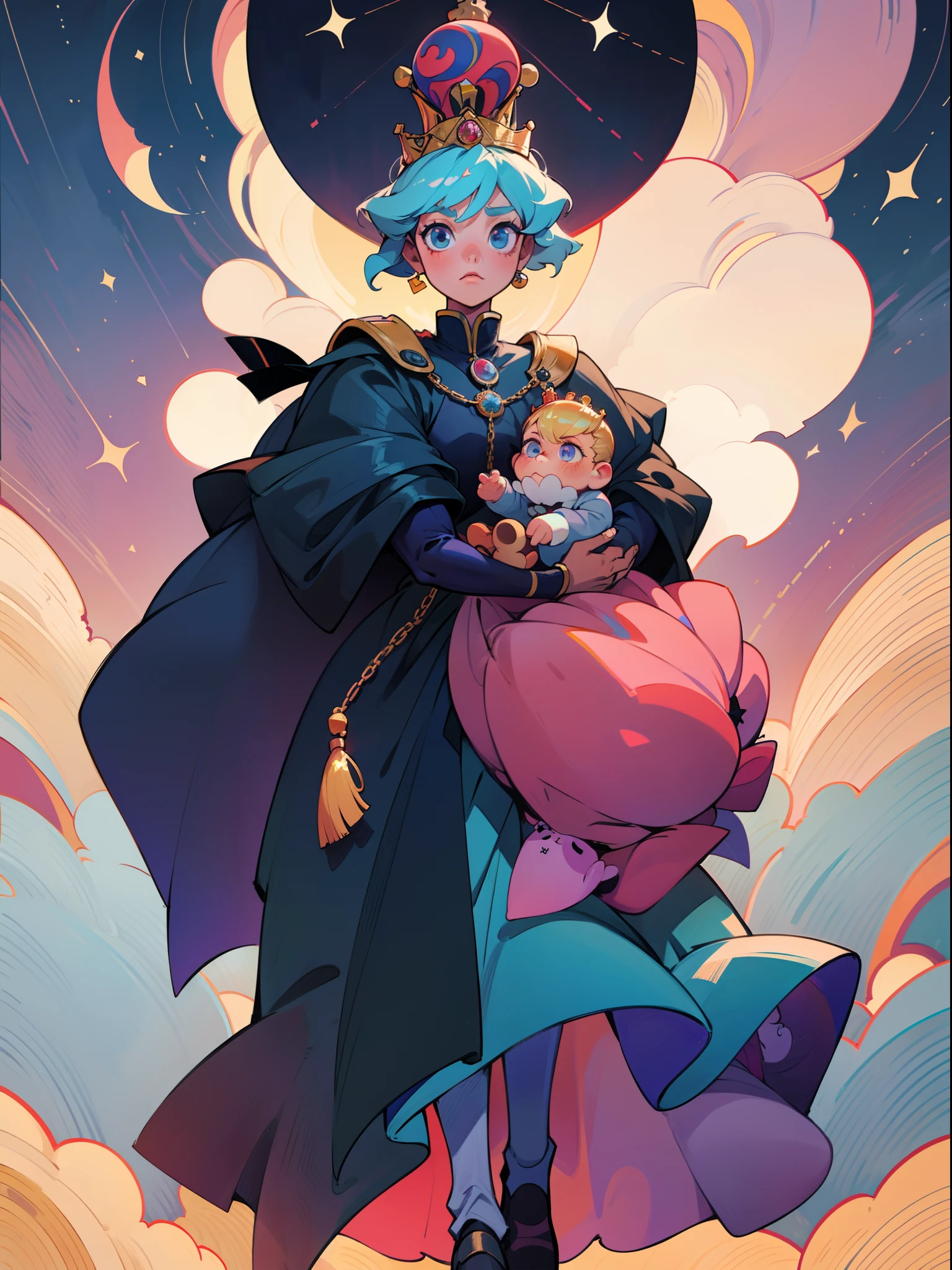 The beautiful 16-year-old queen holds a (baby prince:1.5) wearing shavings in her arms, Walking, Straight eyes, radiating a brilliant aura, Rosary handle, Crown Team, (Systemic: 2.0), Stand in the cloud, our lady, (full body: 2.0) anime, orgrange, with black parts. cinematic lighting, Futurism, Surrealism, anatomically correct, 4K, 8k, super detail,