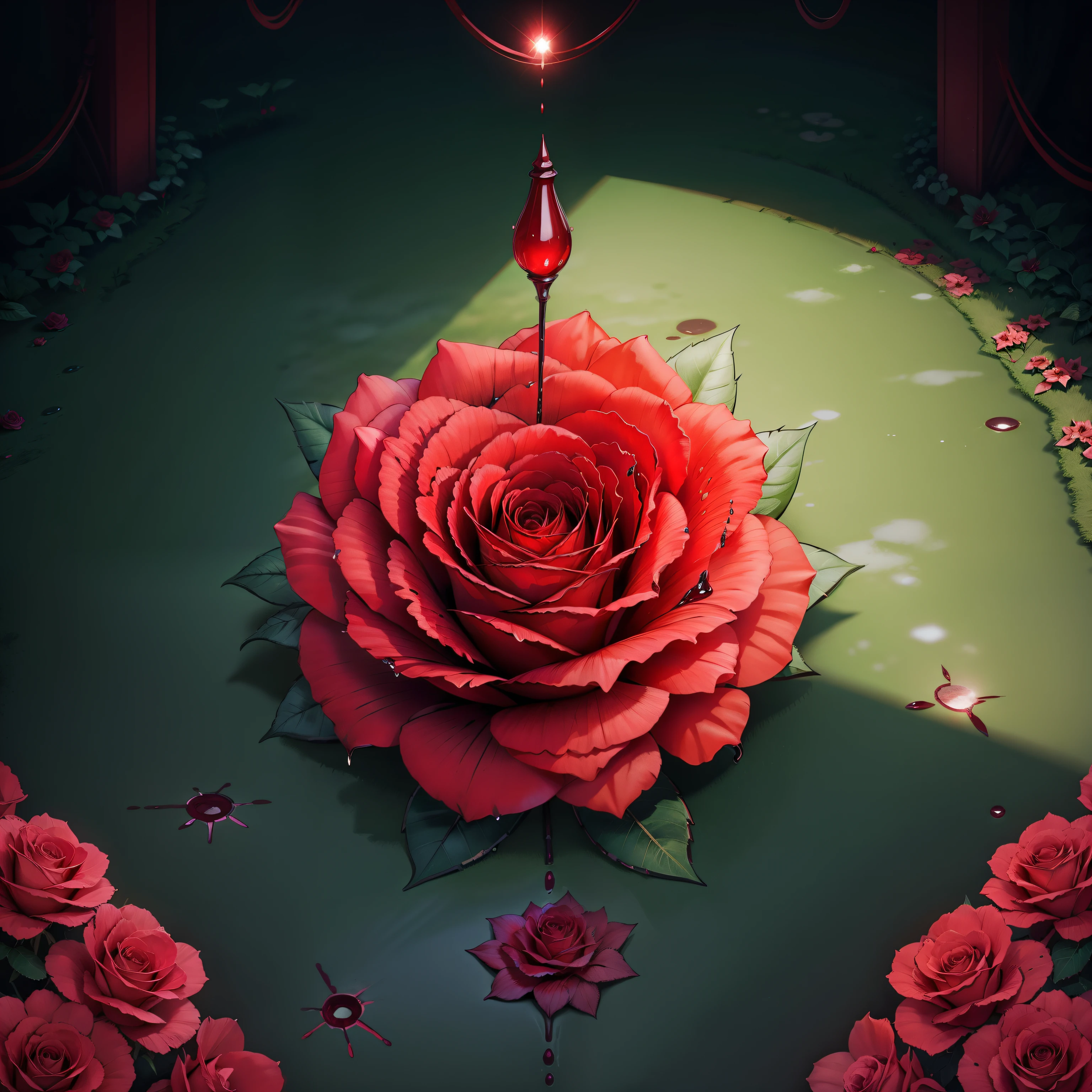 Beautiful garden with bright flowers | Rose bush with bright red flowers | broken flower with drops of blood.
