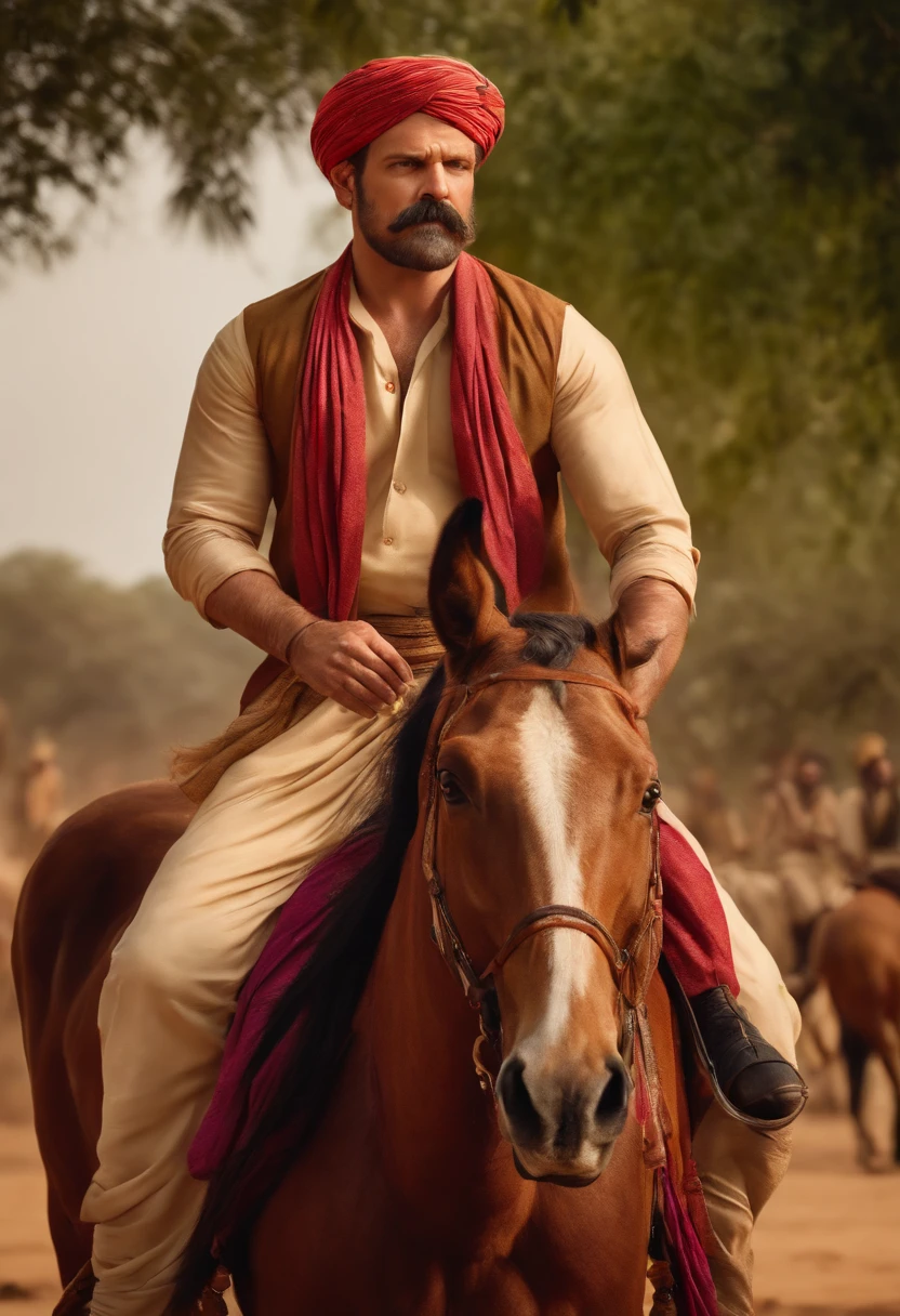Jim Hopper wearing dhoti and gamcha, Indian traditional dress, realistic image, hyperrealistic, riding a horse, 8k image