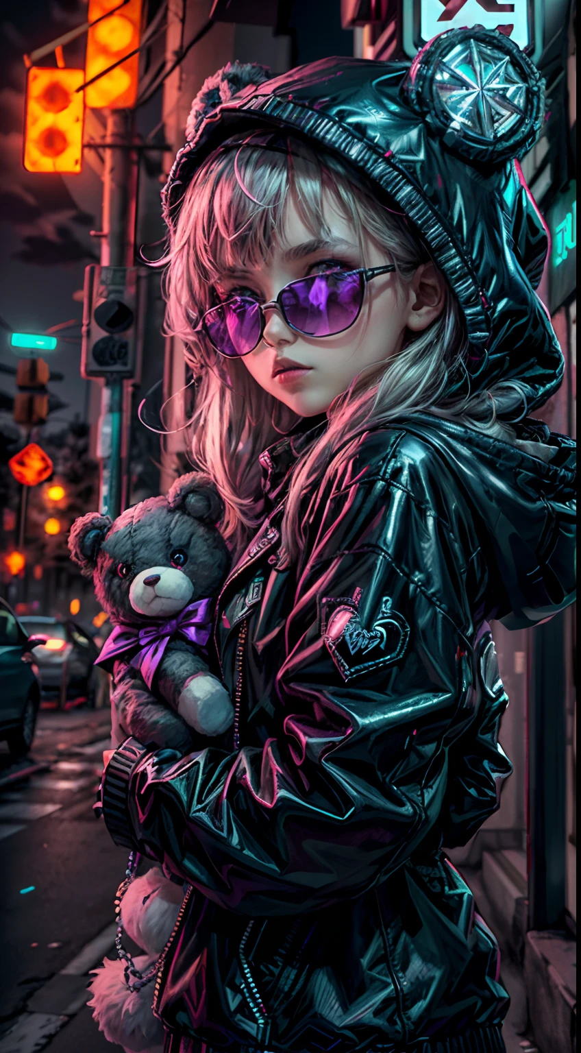 ((Best Quality)), ((Masterpiece)), (Very detailed: 1.3), 3D, NeonNoir, beautiful cyberpunk ****, (holding teddy bear: 1), (wearing sunglasses: 1.2), (diamond-shaped pupils: 1.2), heart-shaped, wearing a long hooded cape, (wearing a hood: 1.2), purple neon on the monitor, colorful neon signs on the wall, street lights, (white emitting: 1.1), contemptuous eyes, Standing on the street, Sony Master lens,