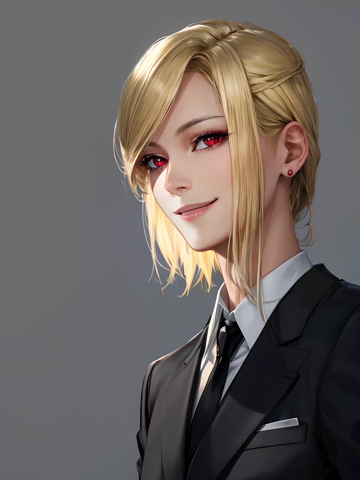 realistic, photo, high quality, female, blonde hair, white collar shirt, black neck tie, black suit, red eyes, smile,