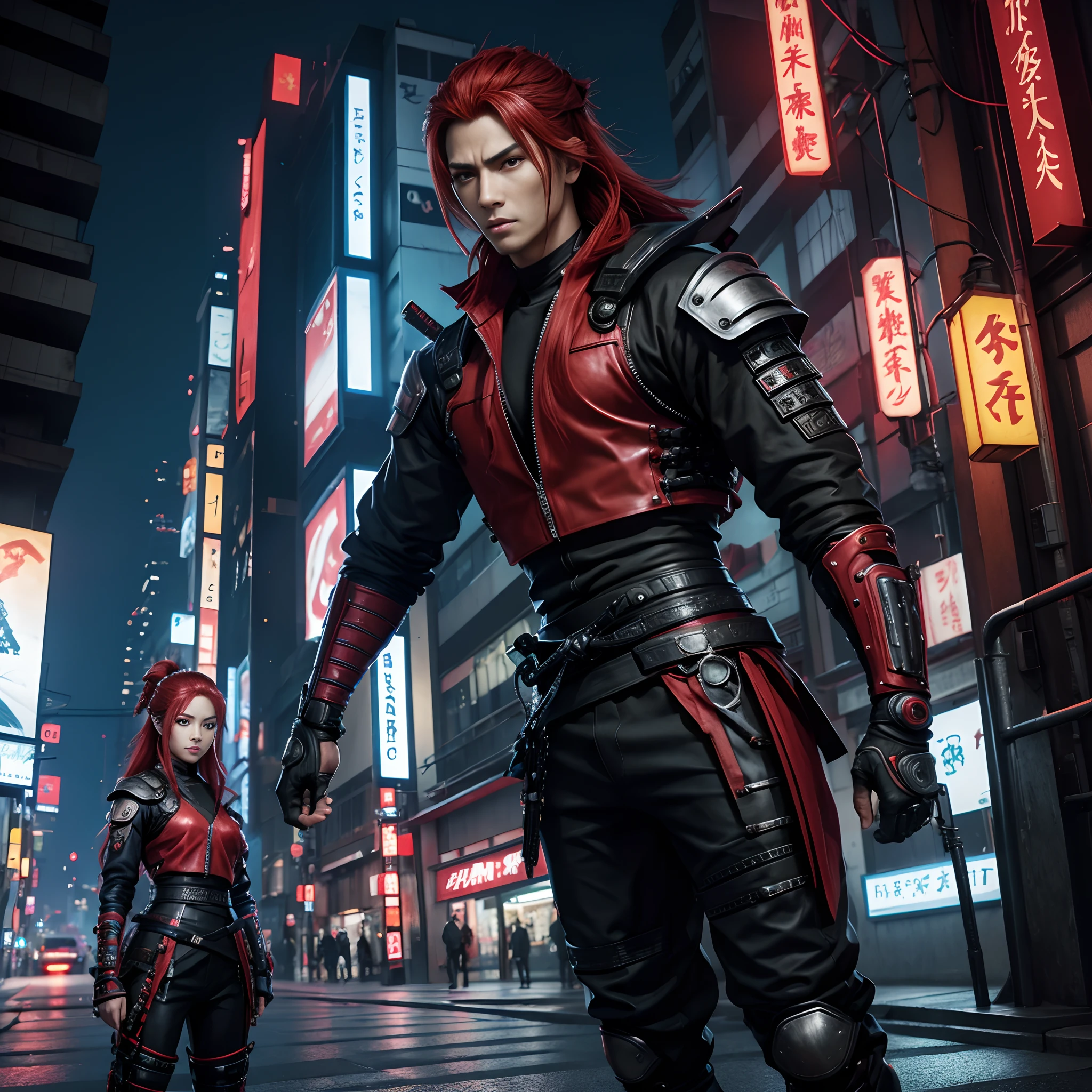 best quality,ultra-detalhado,Realistic,arte do personagem,Samurai,red hair,Cabelos longos brancos,Olhos detalhados,Detailed lips,Cyberpunk,Futuristic,Techwear,garments,Avatar,Samurai adolescente, homem, estilo fantasia,Japanese inspiration,action pose,city backdrop,Espadas de dupla empunhadura,neon lights,paleta de cores vermelhas