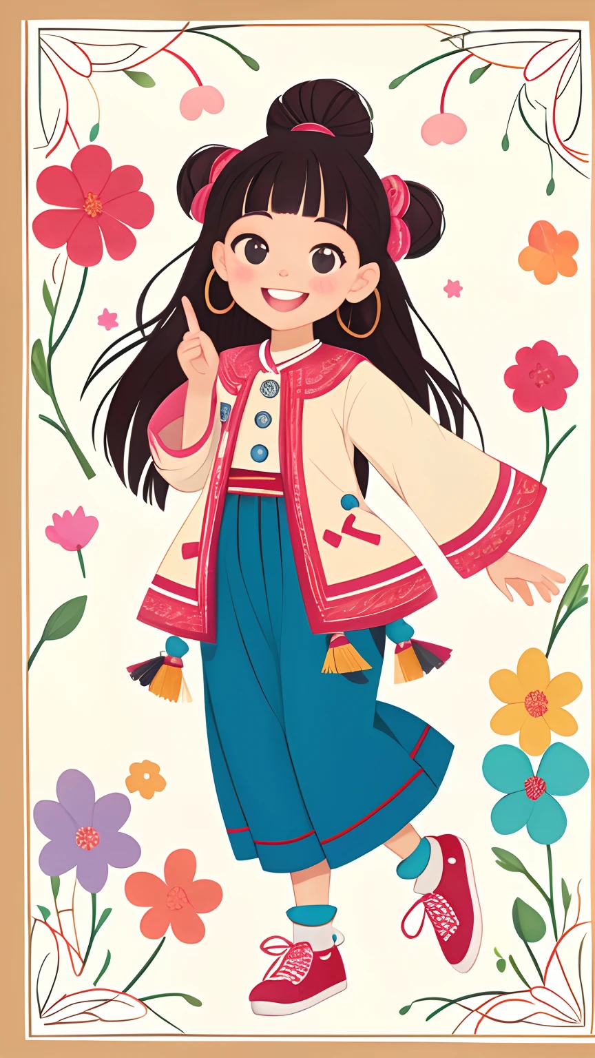 girl with、Put your hand to your mouth and smile、full body Esbian、Distinctive ethnic hair ornaments、Characteristic ethnic shoes