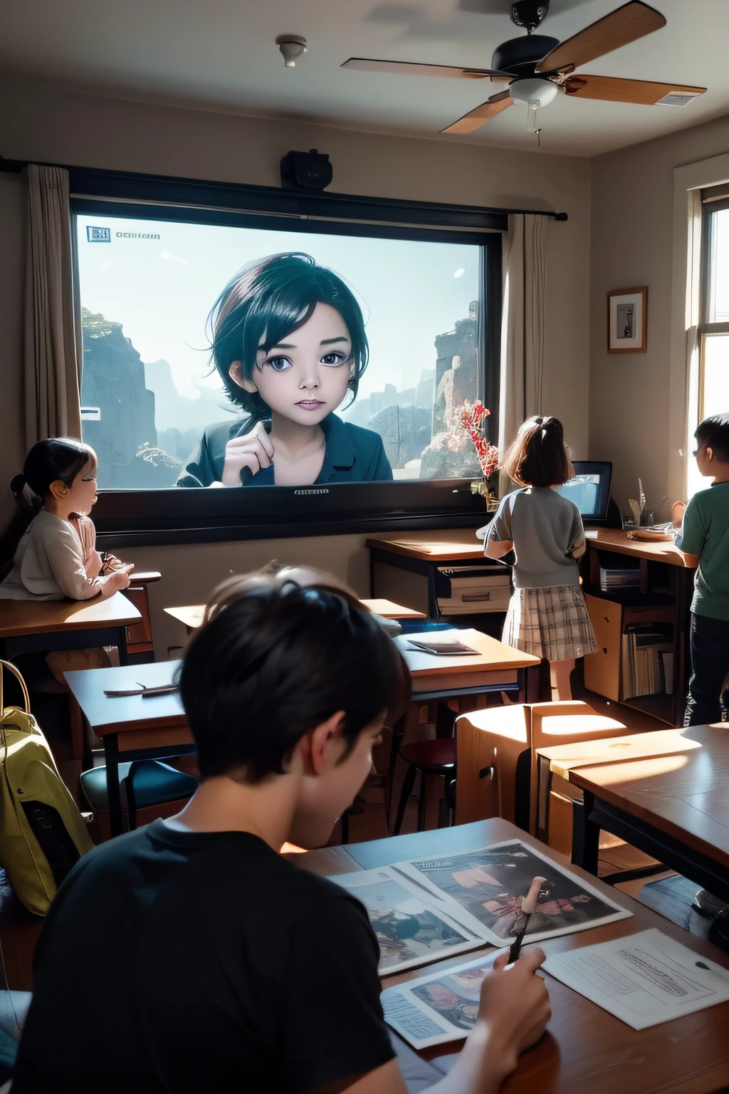 Very cute boy cartoon characters, crass room, With friends watching the teacher tell a story, Unreal Engine, Warm indoor lighting, Arts Station, Detailed digital painting, Cinematic, character designs:Mark Ryden、Pixar、hayao myiazaki, Unreal 5, daz, hyper realisitic, Octane Rendering