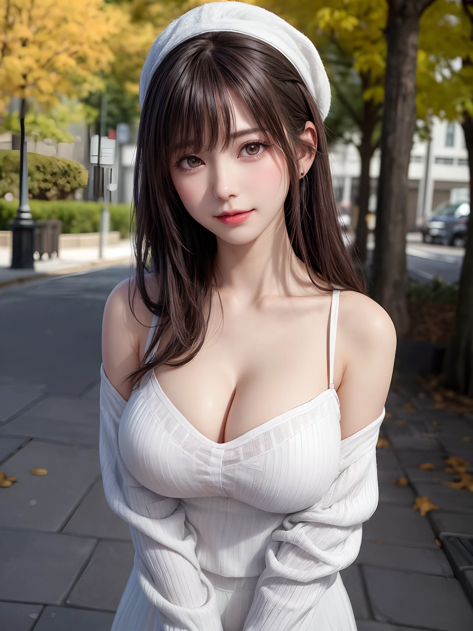 (masutepiece:1.4, top-quality:1.4、Add intense highlights to the eyes:1.4、Lustrous hair:1.4 ),1girl in, 独奏, A dark-haired, scarf, Hats,, realisitic, looking at the viewers, black eyes of light color, shorth hair, coat, Winter clothes, White headscarf, s lips, lipgloss:1.4,bangss,,a closed mouth, The upper part of the body、big eye、Lashes、((Street))、((Shorthair with bangs、big eye、Put very strong highlights in your students、{Gigantic|Big|Huge|Mega} breasts, cleavage、very Bigger breasts、gazing at viewer、Very beautiful beauty、Put your ears out、long neck、little smiling、Close your mouth and smile)))、Beautiful adult woman full of charm:1.4、(Autumn leaves are blue without people or cars々tree-lined street)