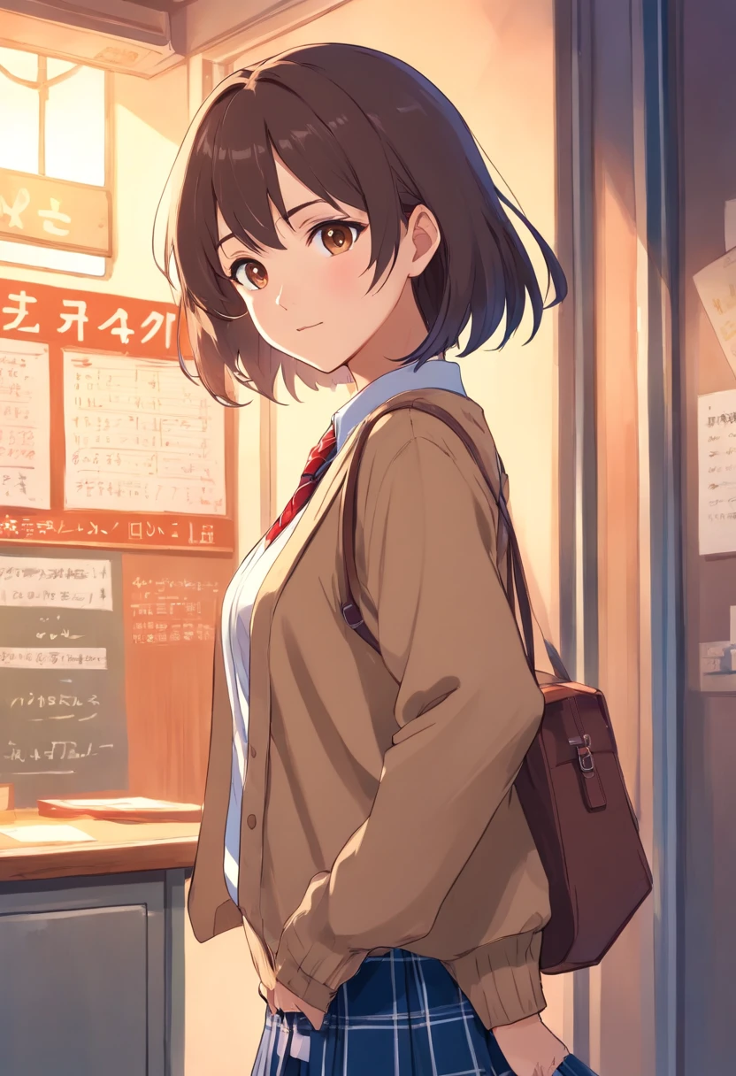 (sketch)1.4,High school teacher in uniform,30-years old, Black bob hair and glowing skin、and a perfect symmetrical face with blushing cheeks,(Big breasts), Wearing a light brown cardigan,Open white shirt and red tie,light brown cardigan,Dark blue mini skirt with plaid pattern, Hands in pockets, Happy,Enjoy, 45 angles by Krenz Kuschard and Mucha, Golden Hour Lighting, strong rimlight, intense shadow,