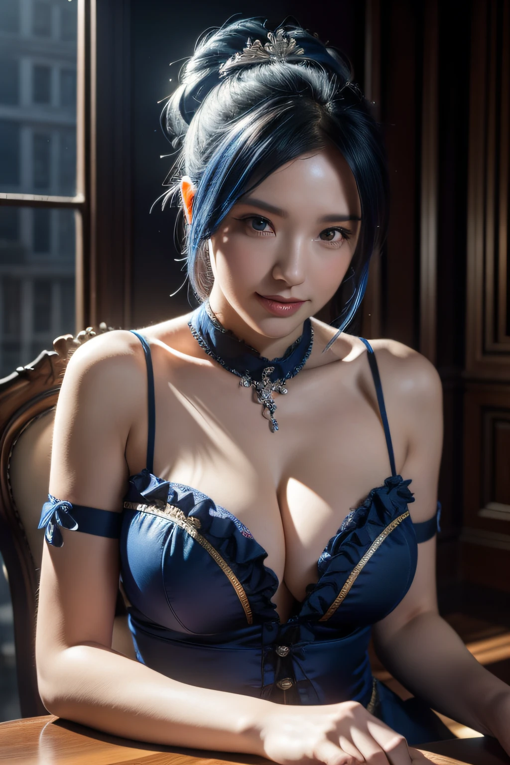 Highly detailed, 8K, masutepiece, 1girl in, Blue Frill_hair_tubing, Dress, bend_Over , Smirk, (Perfect_Face), Sitting, desk work, ornate, Convoluted, Dramatic Lighting, 4K, Detailed_Background, Caustics, full_Body, (hyper realisitic:1.3), bloom,(Beautiful lighting:1.3), Caustics, Dynamic lighting, Beautiful lighting,