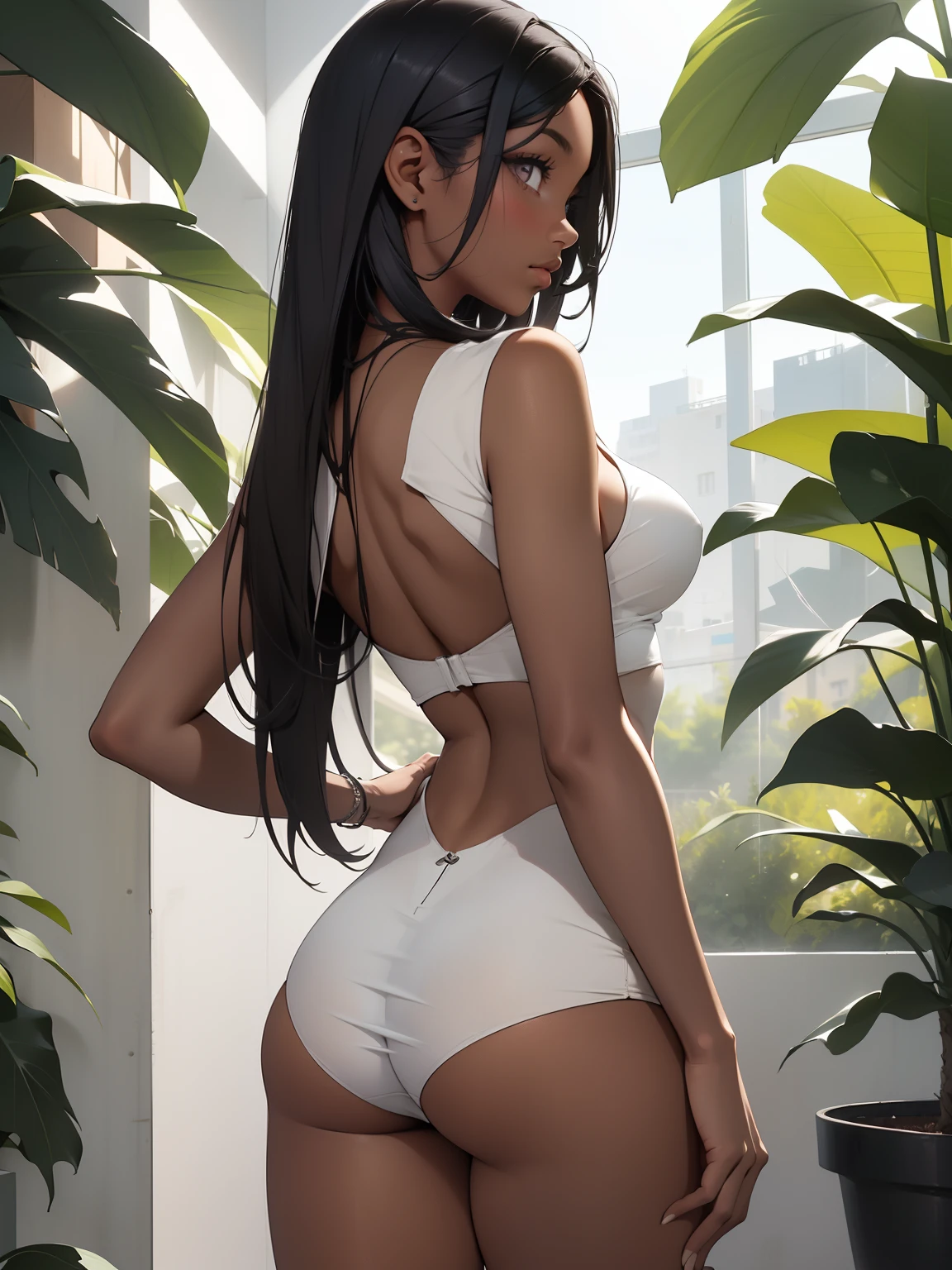 maquiagem, mascara,(( dark skin)), bend over,back view, cute ass, fundo preto simples, minimalismo, monotone, paletas de cores simples, limpo, Projetos afiados, nude,silhuetas fluidas , vestidos simples, camisas e blusas, assymetrical, geometric, simples, Minimal accessories, Pulseiras simples, Designs diferenciados, silhuetas simples, estilo simples e sofisticado, elegence, minimalismo, materiais de alta qualidade, Fresh printing , alta moda, Simplicity and sophistication, sentado