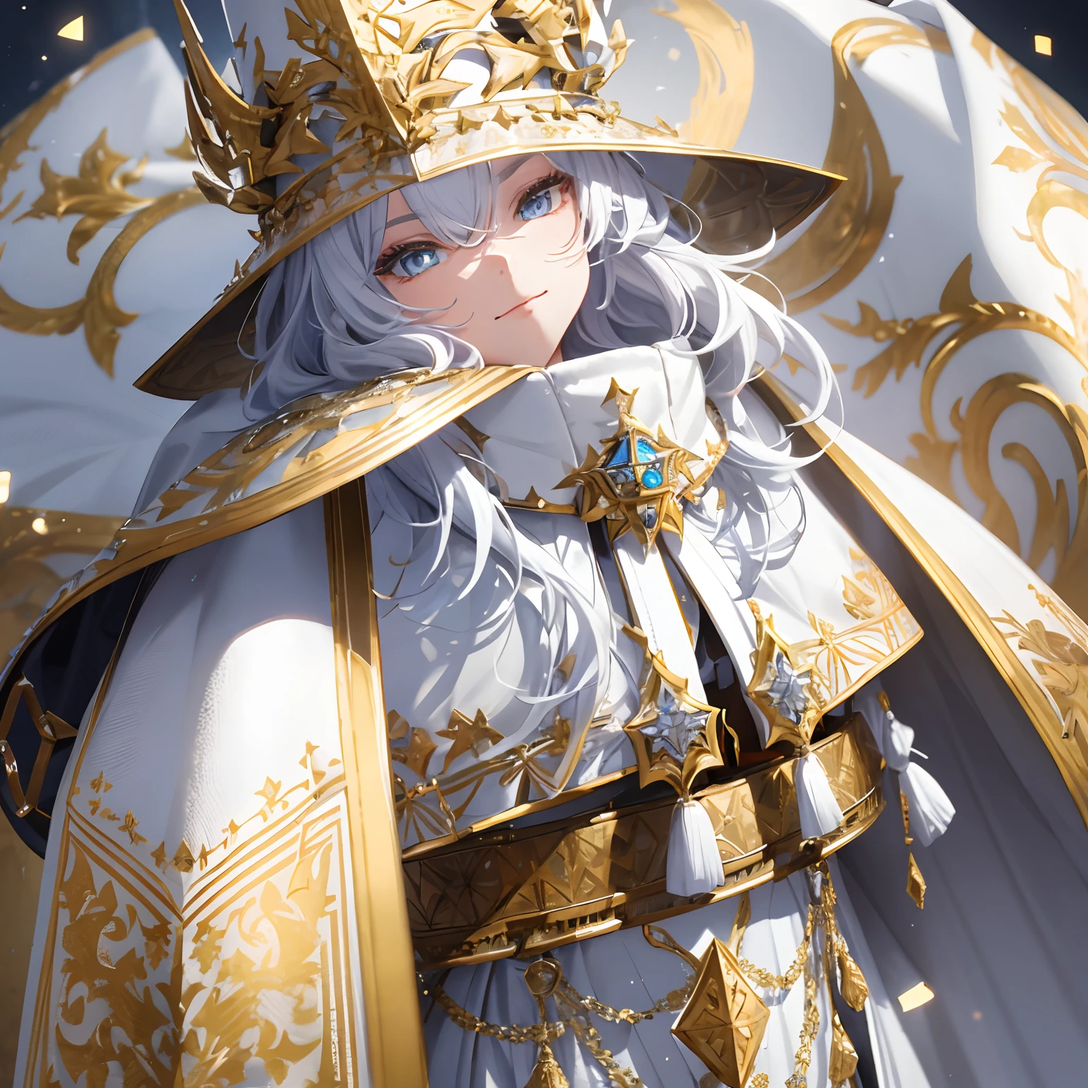 a close up of a person with a hat and a suitcase, roblox avatar, heavy white and golden armor, ((wearing aristocrat robe)), ornate white and gold armour, intricate white and gold armor, white gold skin, detailed white armor, white suit and hat, modern clean white armor, detailed armor with white scarf, intricate white armor, white robe with gold accents