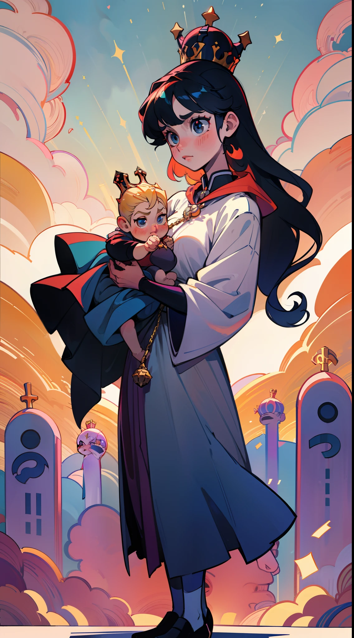 The beautiful 16-year-old queen holds a (baby prince:1.5) wearing shavings in her arms, Walking, Straight eyes, radiating a brilliant aura, Rosary handle, Crown Team, (Systemic: 2.0), Stand in the cloud, our lady, (full body: 2.0) anime, orgrange, with black parts. cinematic lighting, Futurism, Surrealism, anatomically correct, 4K, 8k, super detail,