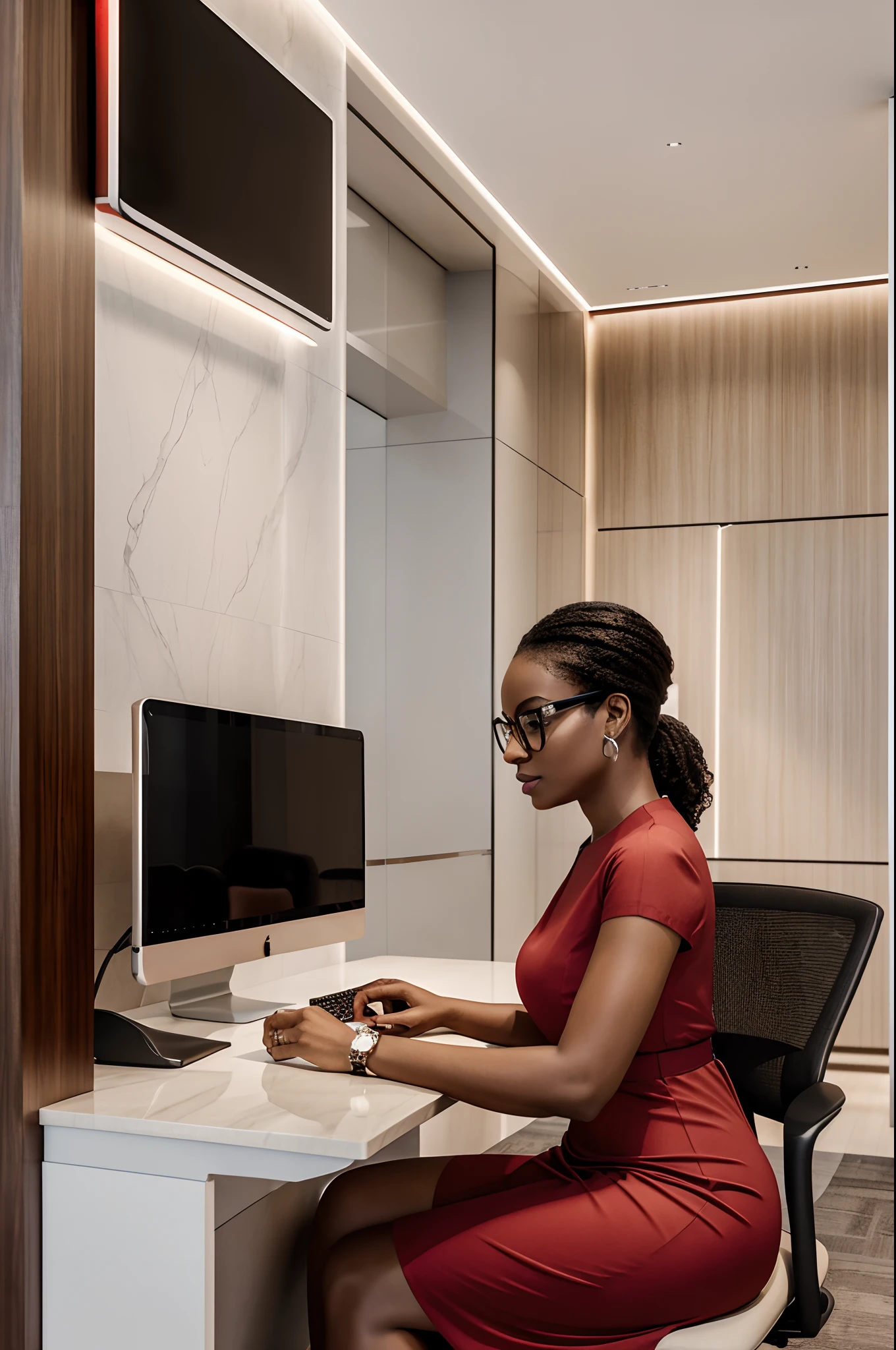 Uma mulher negra, mulher angolana, vestido vermelho, roupa social feminina vermelha, Luxury Office, teclado apple, monitor apple, mulher elegante. Reflection of the monitor on your prescription glasses with the thin bezels, in a large luxury office with white walls and decorative fixtures in light beige and red colors, The woman is sitting in front of a computer and intently observing the information on a large monitor.